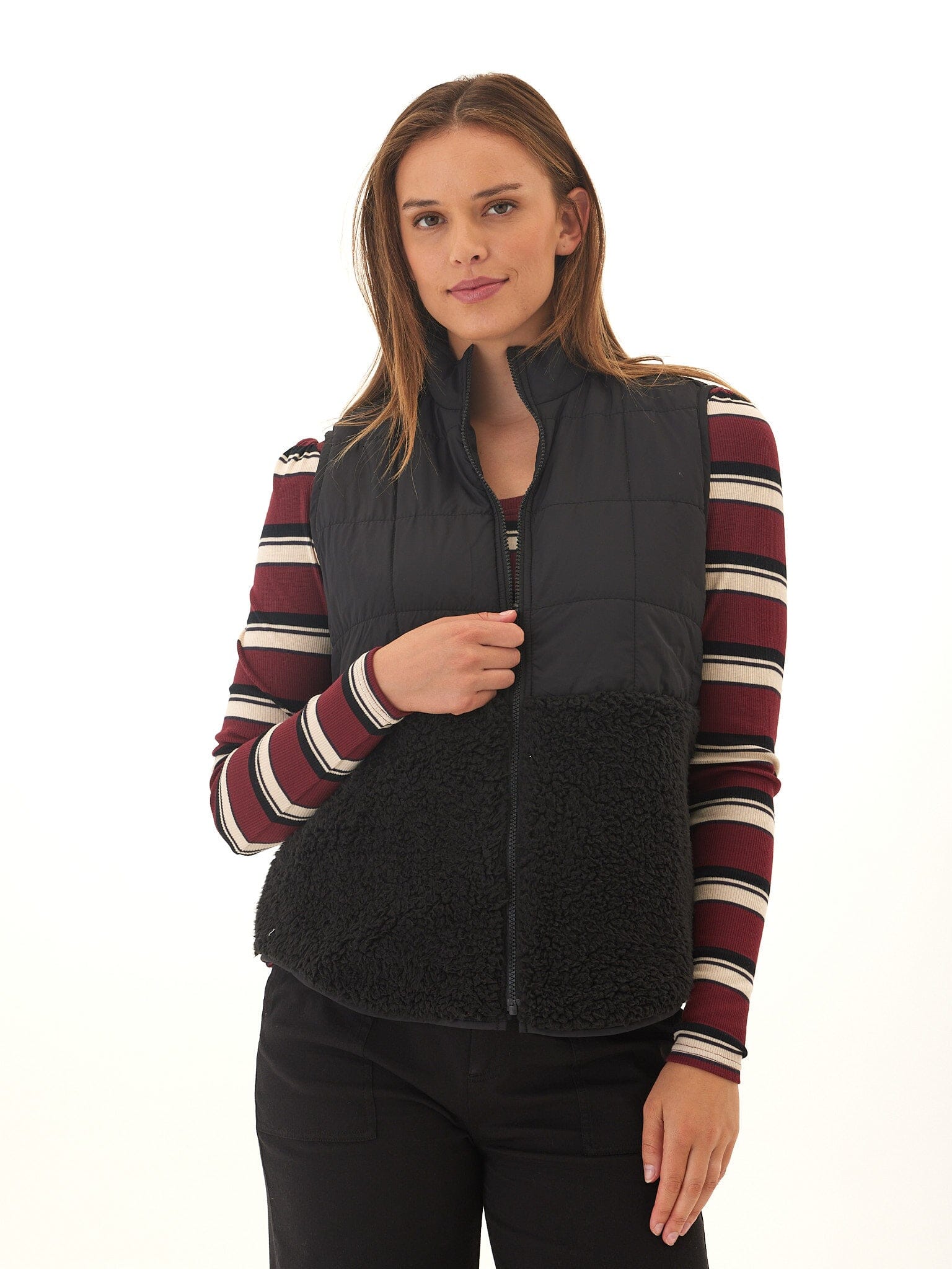Janey Puffer Sherpa Mix Quilted Vest with High Stand Collar