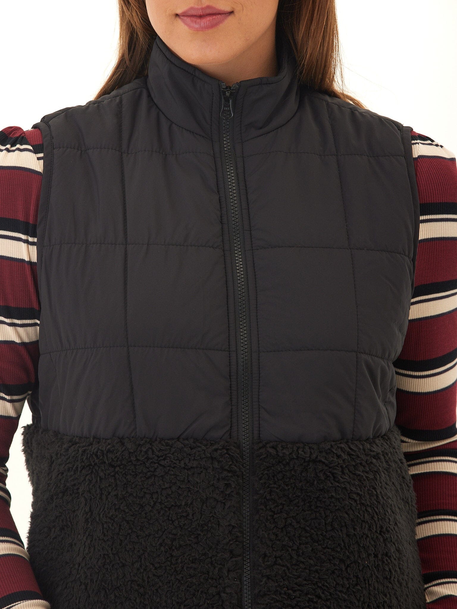 Janey Puffer Sherpa Mix Quilted Vest with High Stand Collar