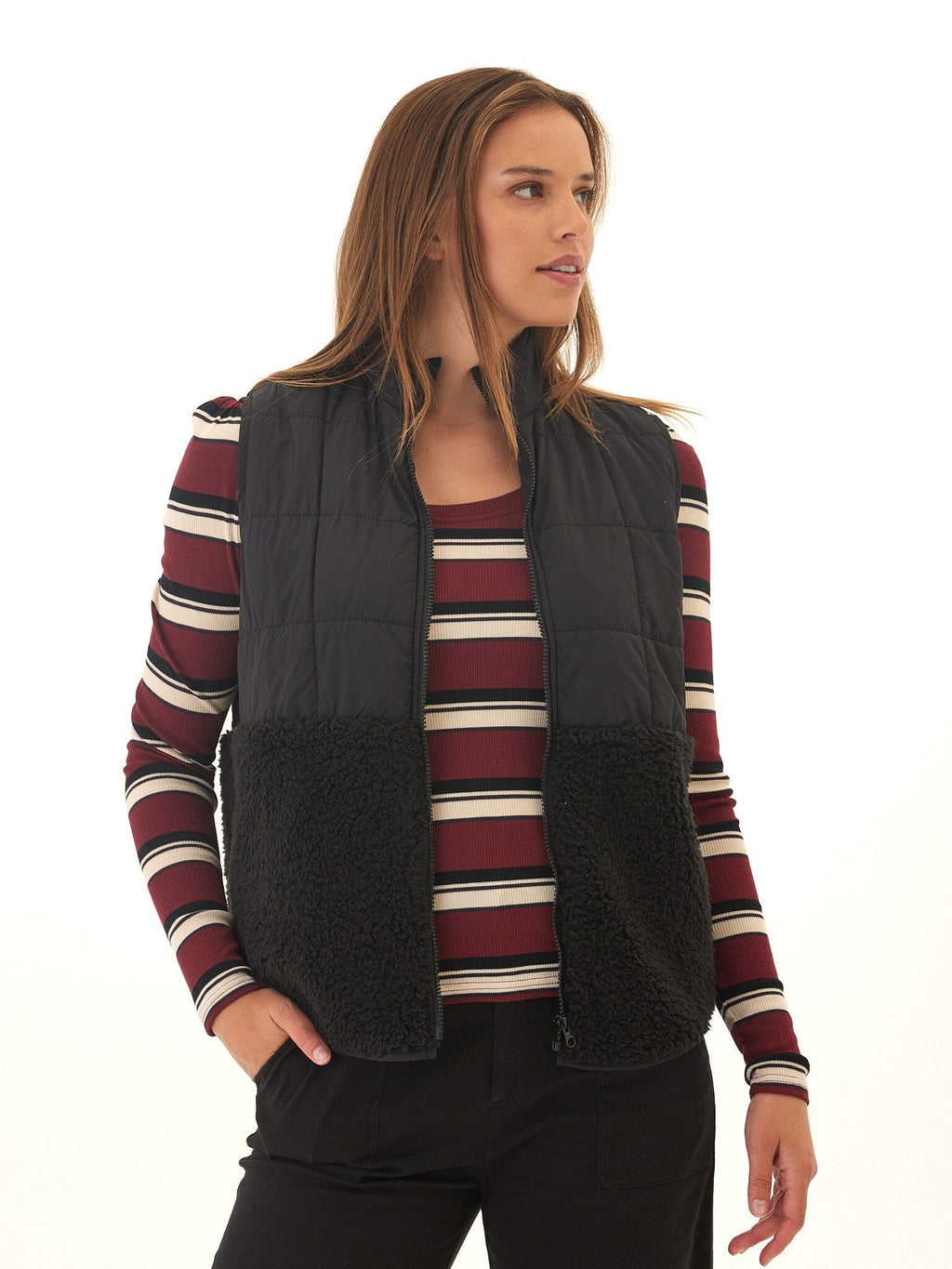 Janey Puffer Sherpa Mix Quilted Vest with High Stand Collar