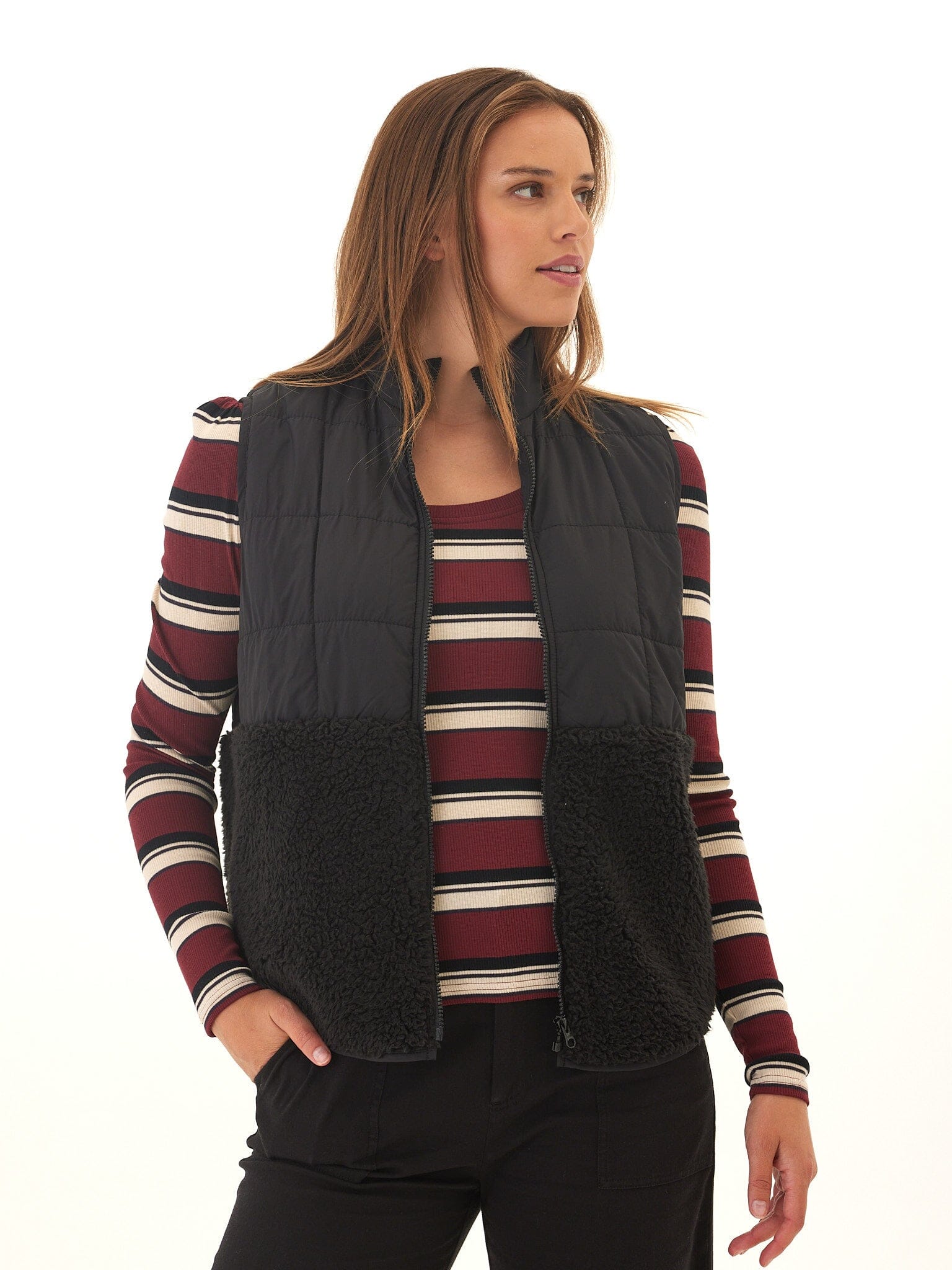 Janey Puffer Sherpa Mix Quilted Vest with High Stand Collar