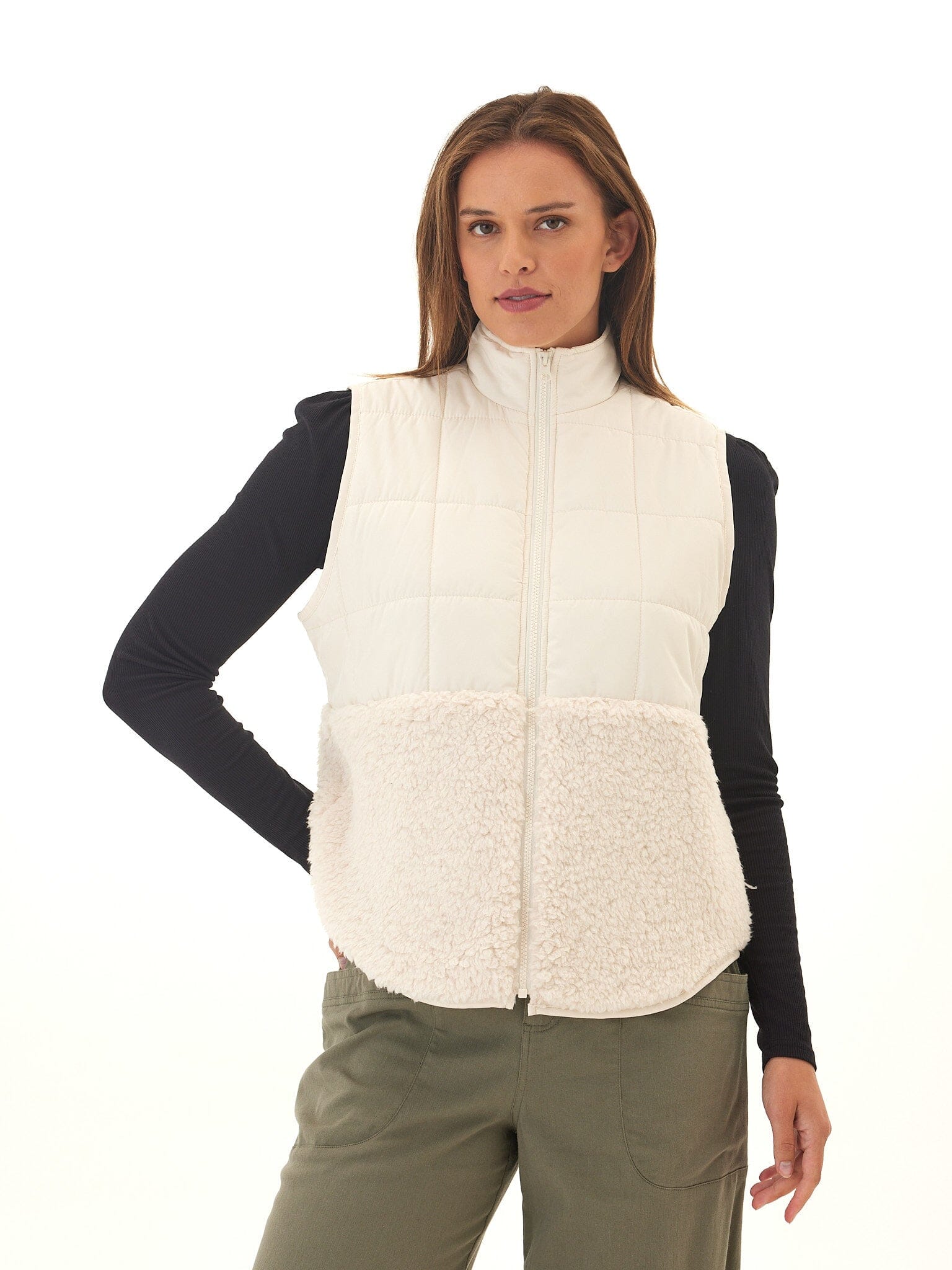 Janey Puffer Sherpa Mix Quilted Vest with High Stand Collar