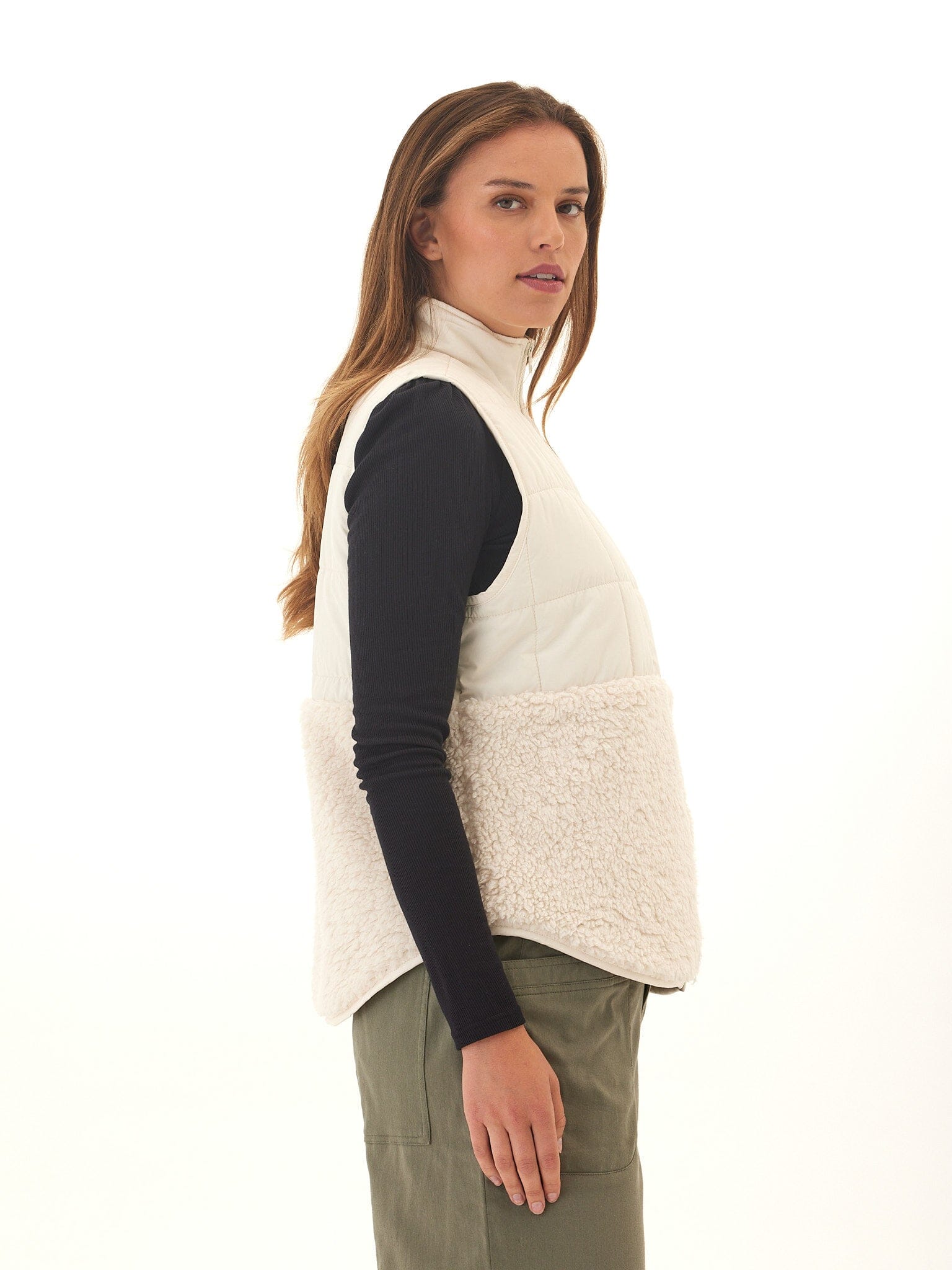 Janey Puffer Sherpa Mix Quilted Vest with High Stand Collar