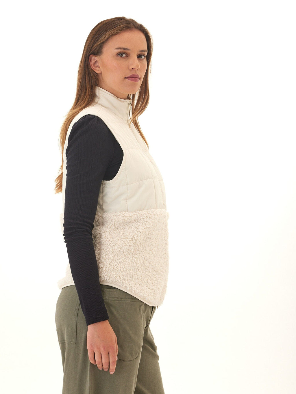 Janey Puffer Sherpa Mix Quilted Vest with High Stand Collar
