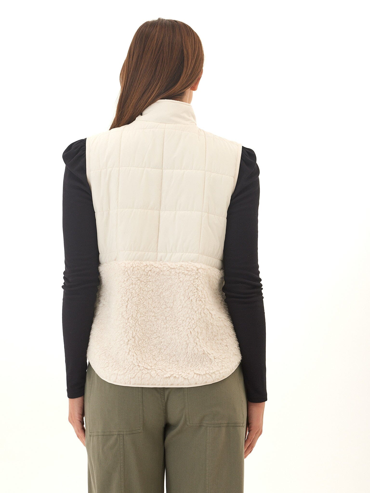 Janey Puffer Sherpa Mix Quilted Vest with High Stand Collar