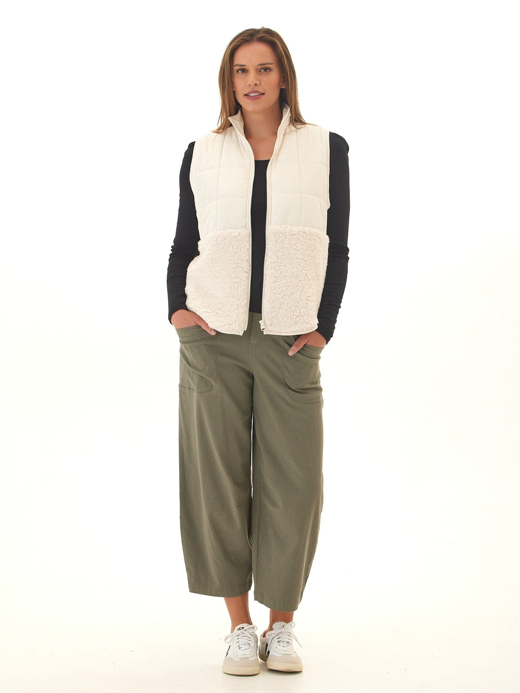 Janey Puffer Sherpa Mix Quilted Vest with High Stand Collar