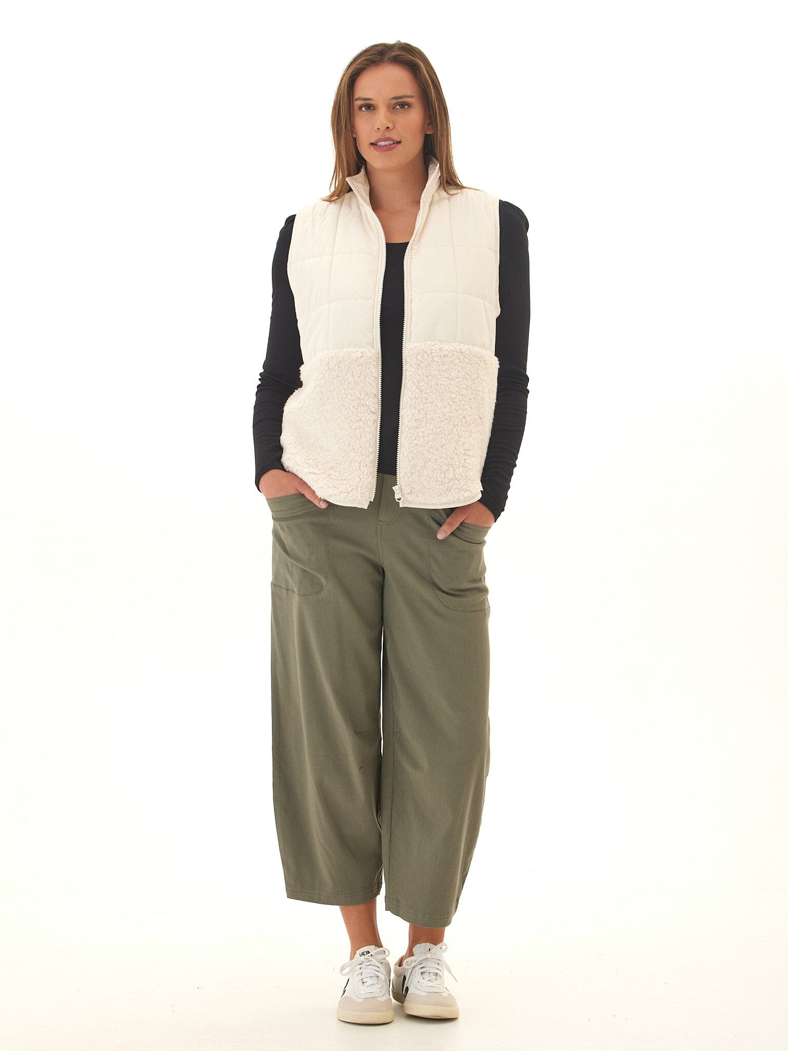 Janey Puffer Sherpa Mix Quilted Vest with High Stand Collar