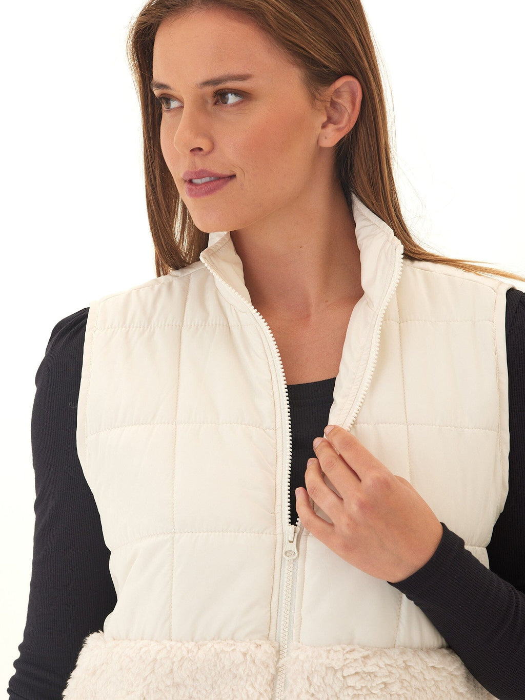 Janey Puffer Sherpa Mix Quilted Vest with High Stand Collar