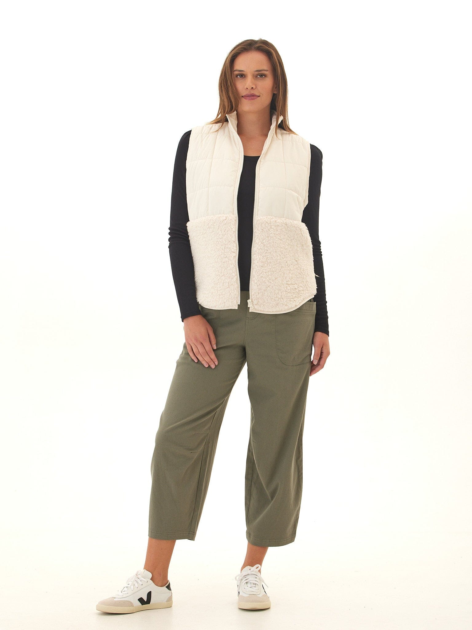 Janey Puffer Sherpa Mix Quilted Vest with High Stand Collar
