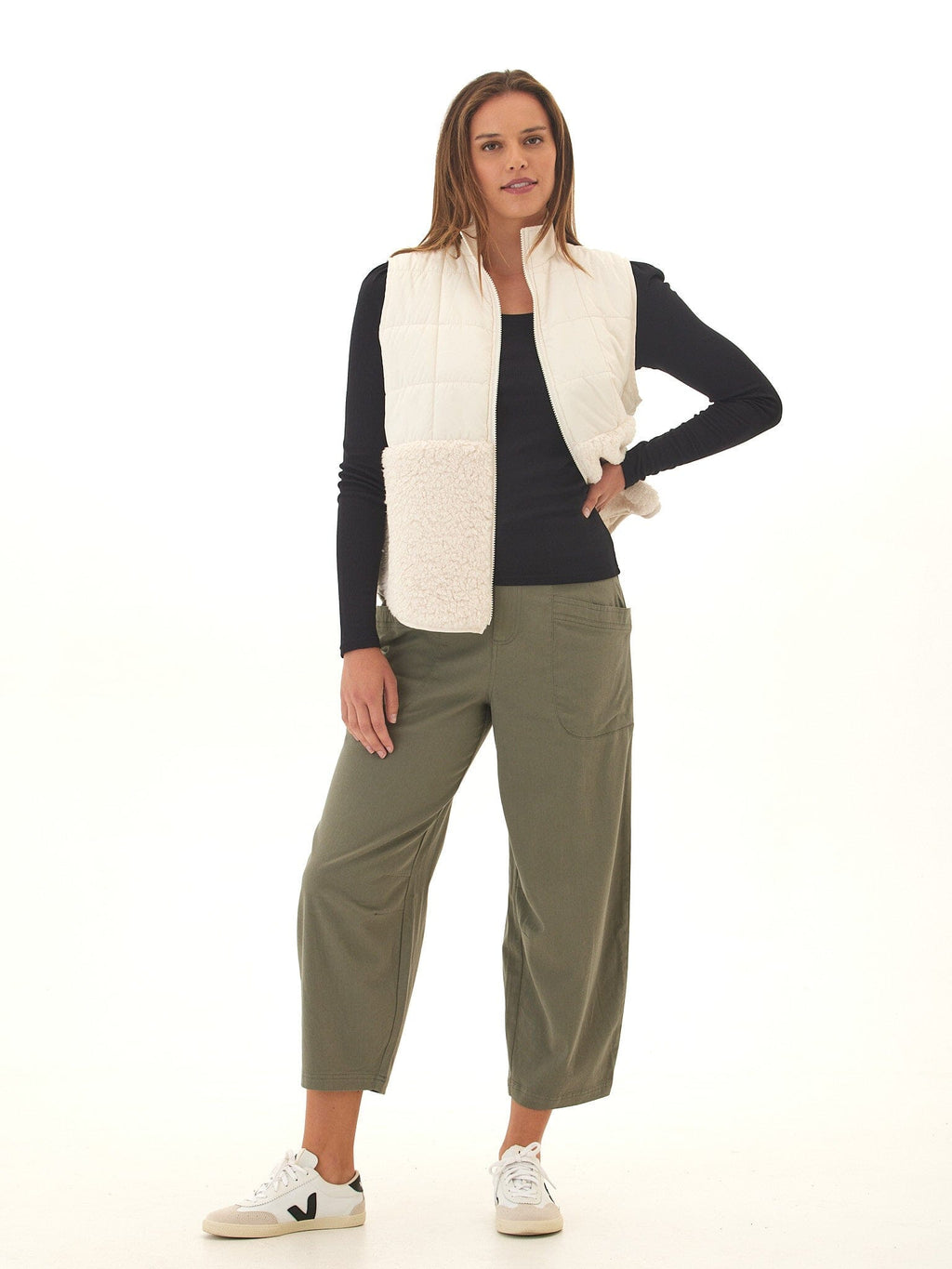 Janey Puffer Sherpa Mix Quilted Vest with High Stand Collar