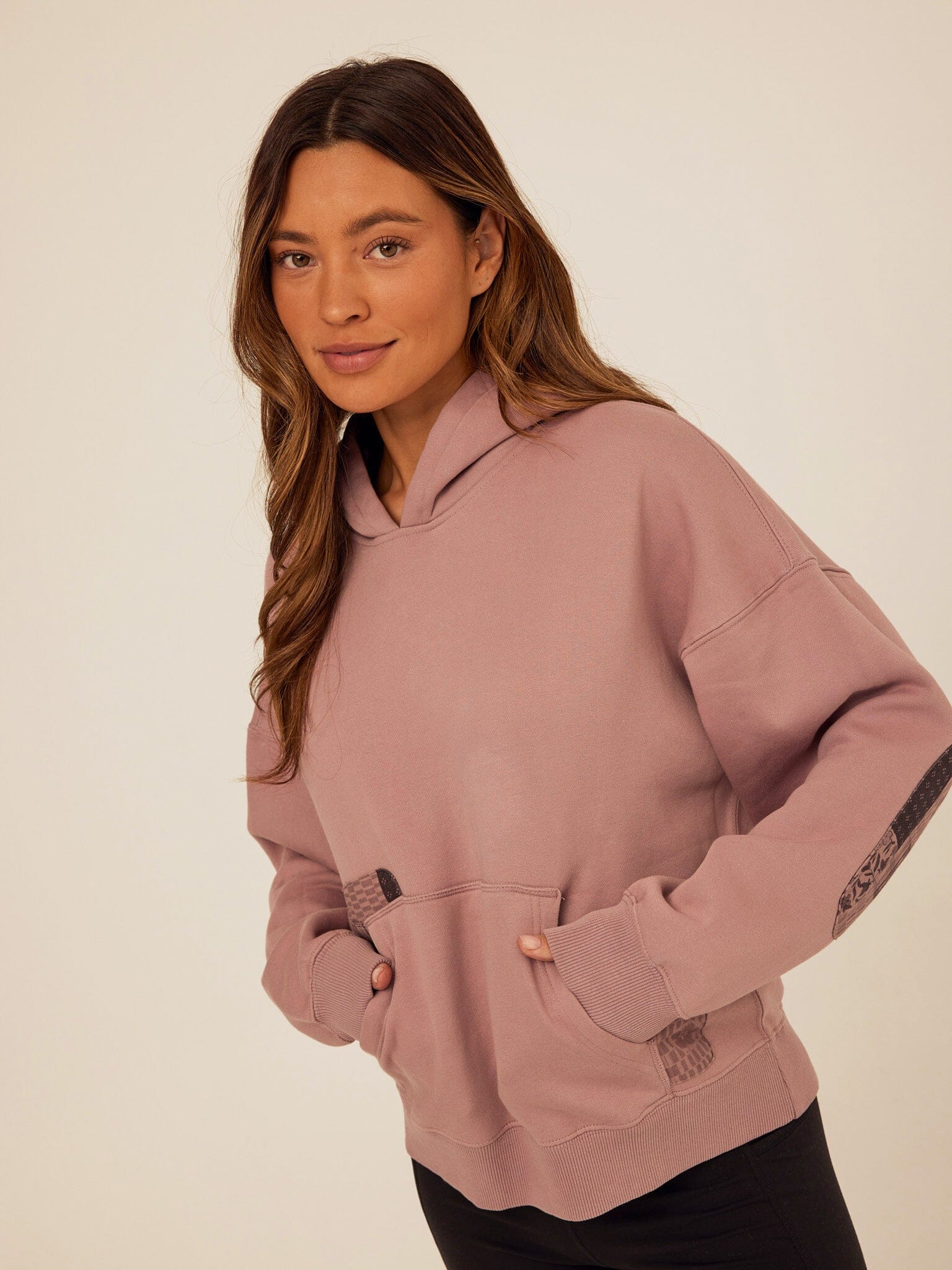 Marcellina Vintage Wash Fleece Hoodie with Patchwork Elbow Details