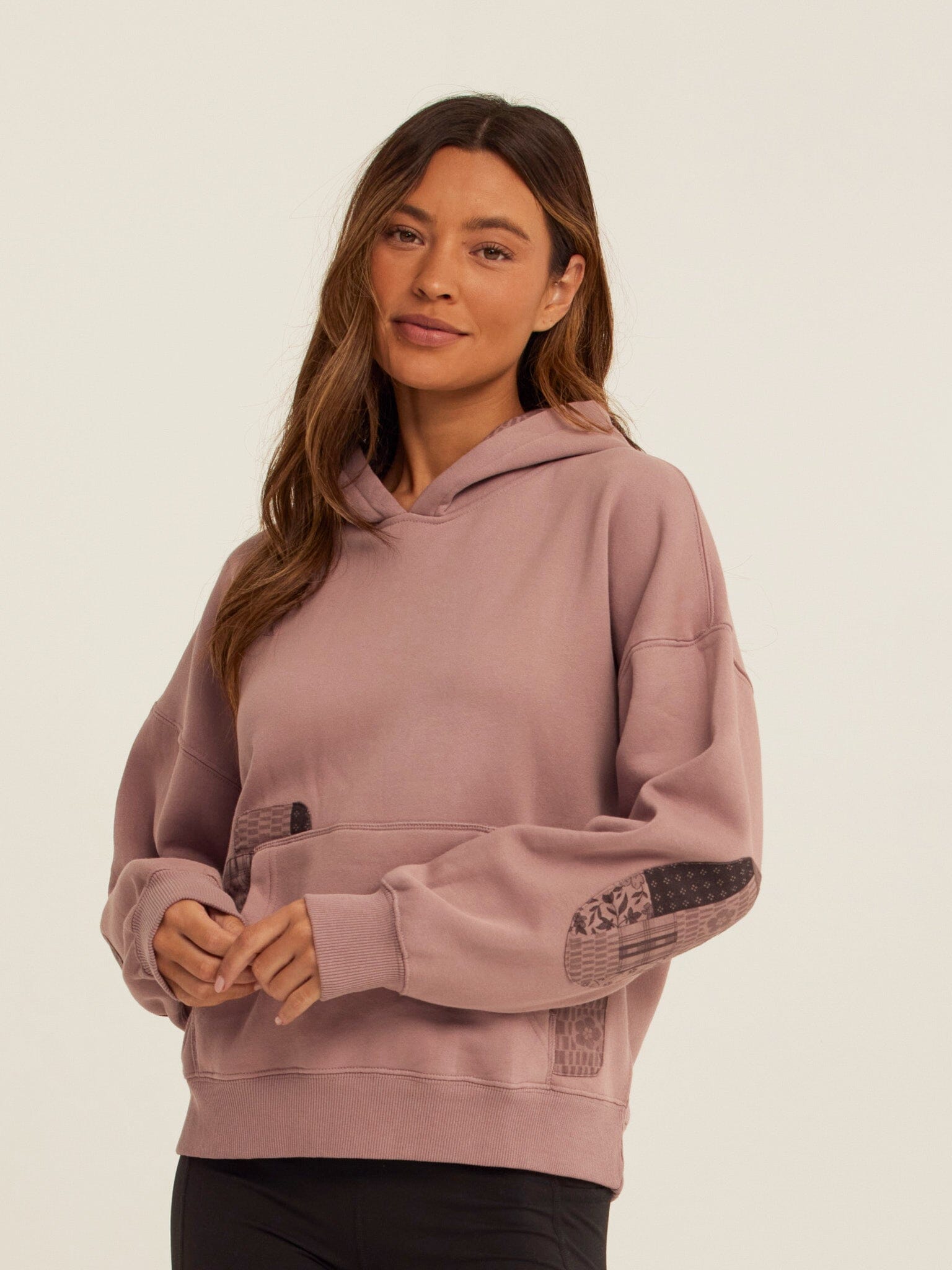 Marcellina Vintage Wash Fleece Hoodie with Patchwork Elbow Details