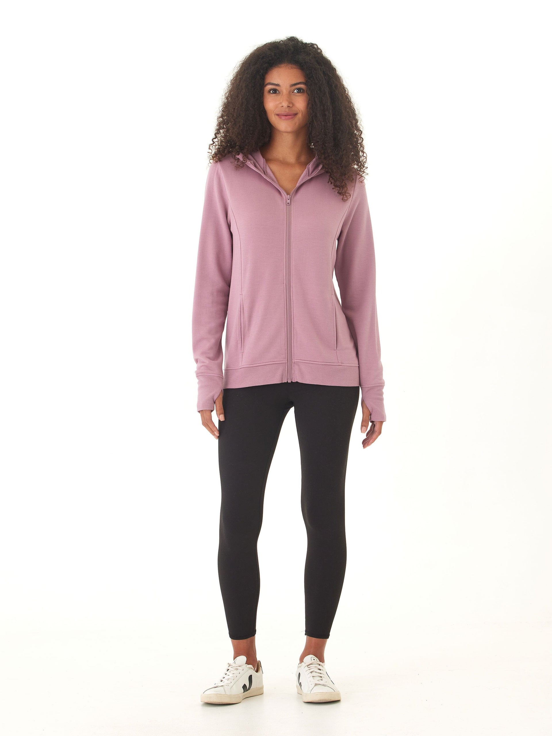 Neyra Feather Fleece Full-Zip Hoodie in Mauve and Dusty Rose