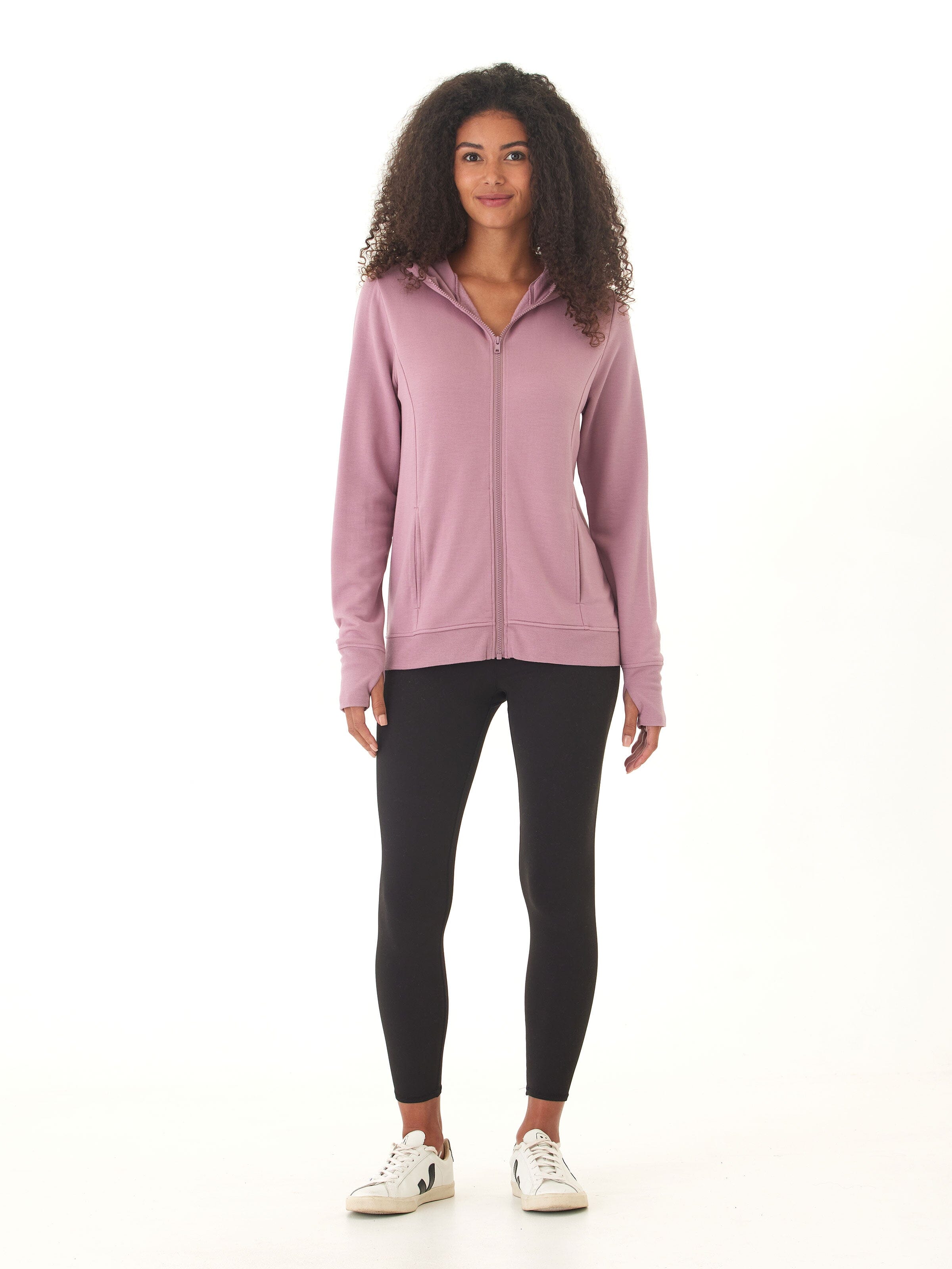 Neyra Feather Fleece Full-Zip Hoodie in Mauve and Dusty Rose