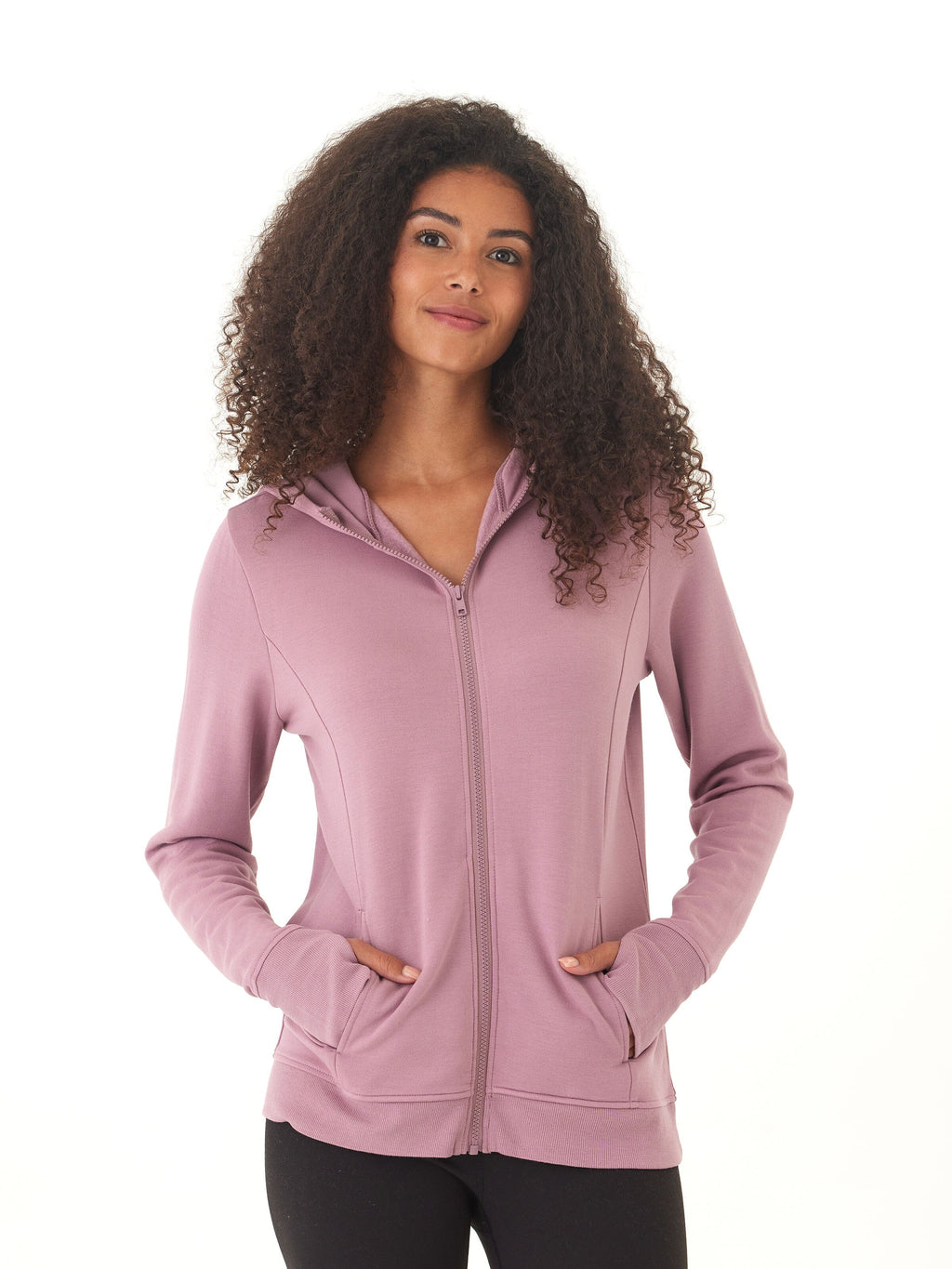 Close-up of the Neyra Feather Fleece Full-Zip Hoodie in mauve and dusty-rose showing the fleece texture