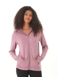 Close-up of the Neyra Feather Fleece Full-Zip Hoodie in mauve and dusty-rose showing the fleece texture