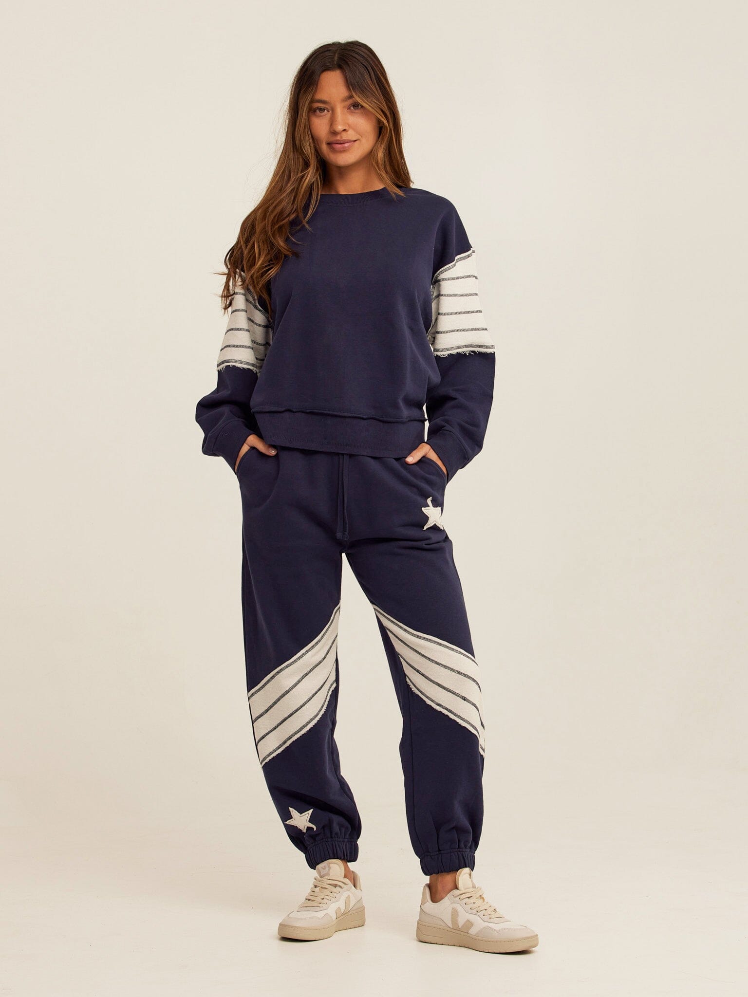 Kaelah Striped Cotton Blend Terry Sweatshirt in Navy Blue