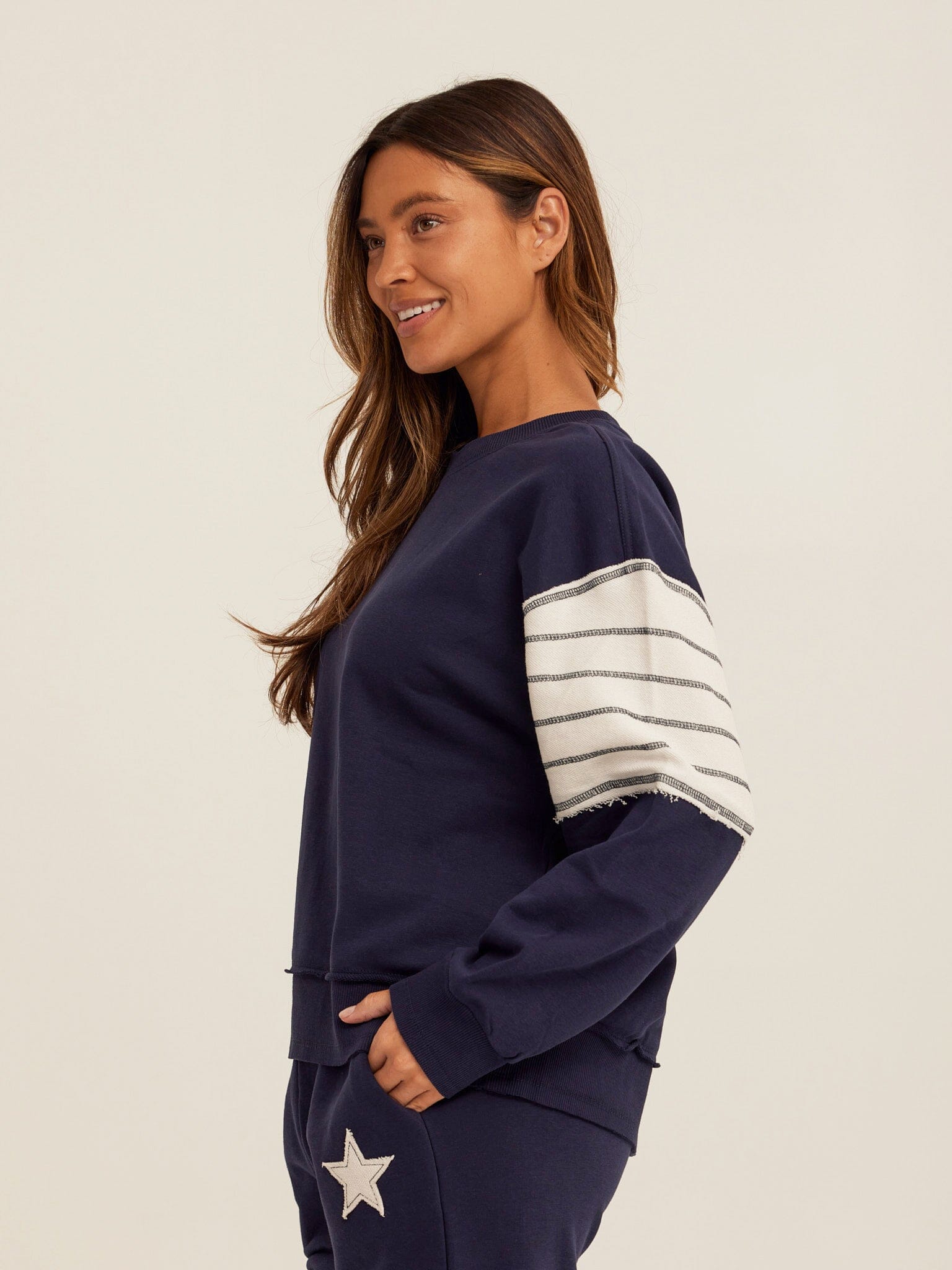 Kaelah Striped Cotton Blend Terry Sweatshirt in Navy Blue