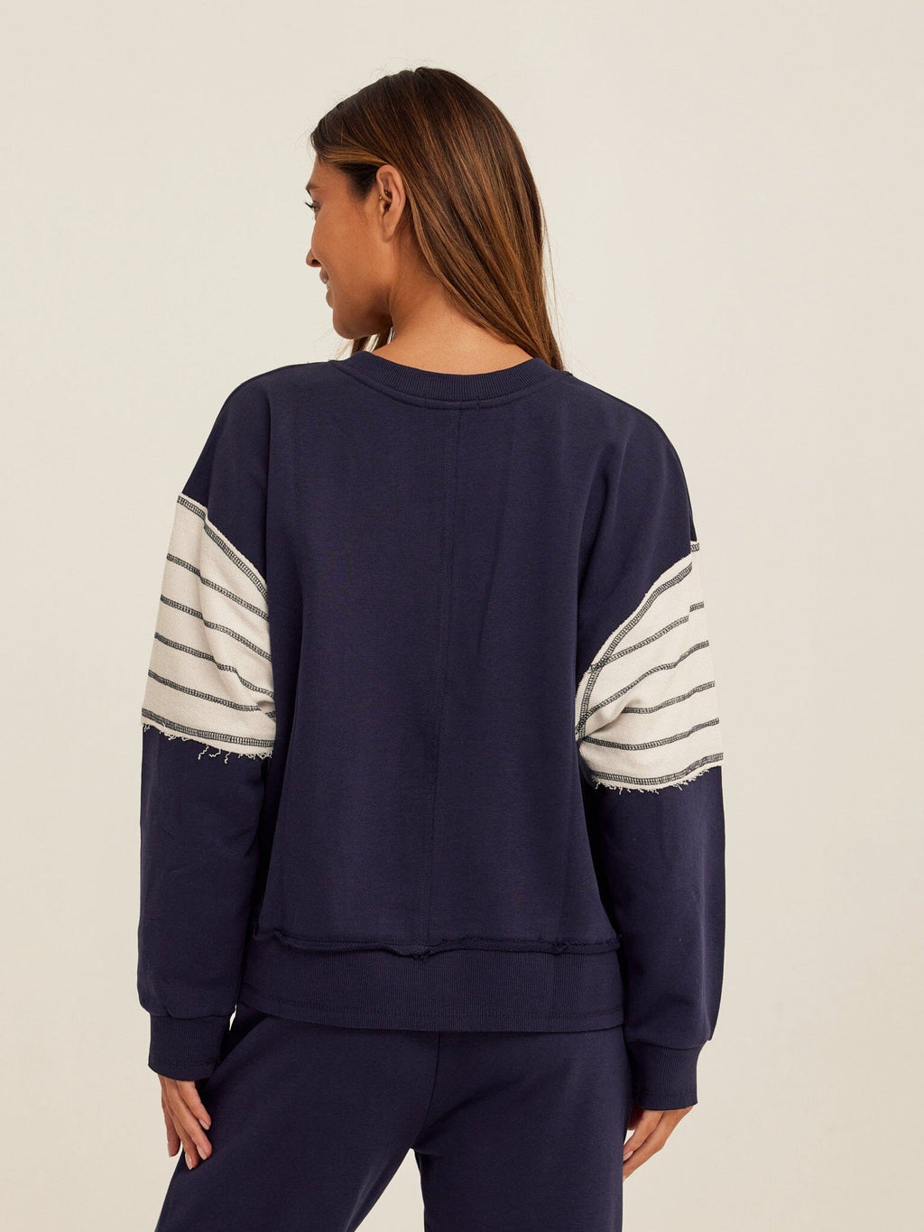 Kaelah Striped Cotton Blend Terry Sweatshirt in Navy Blue