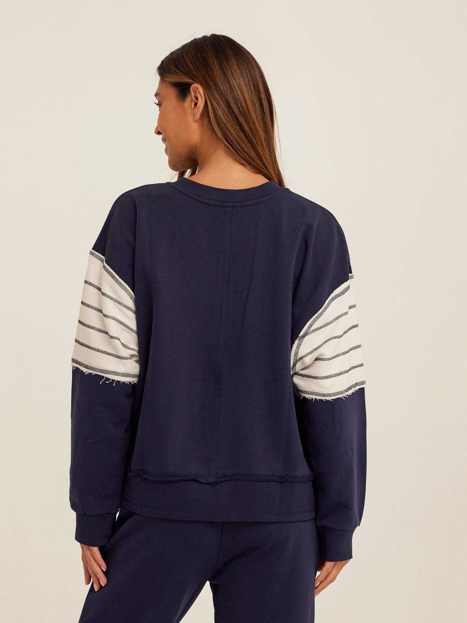 Kaelah Striped Cotton Blend Terry Sweatshirt in Navy Blue