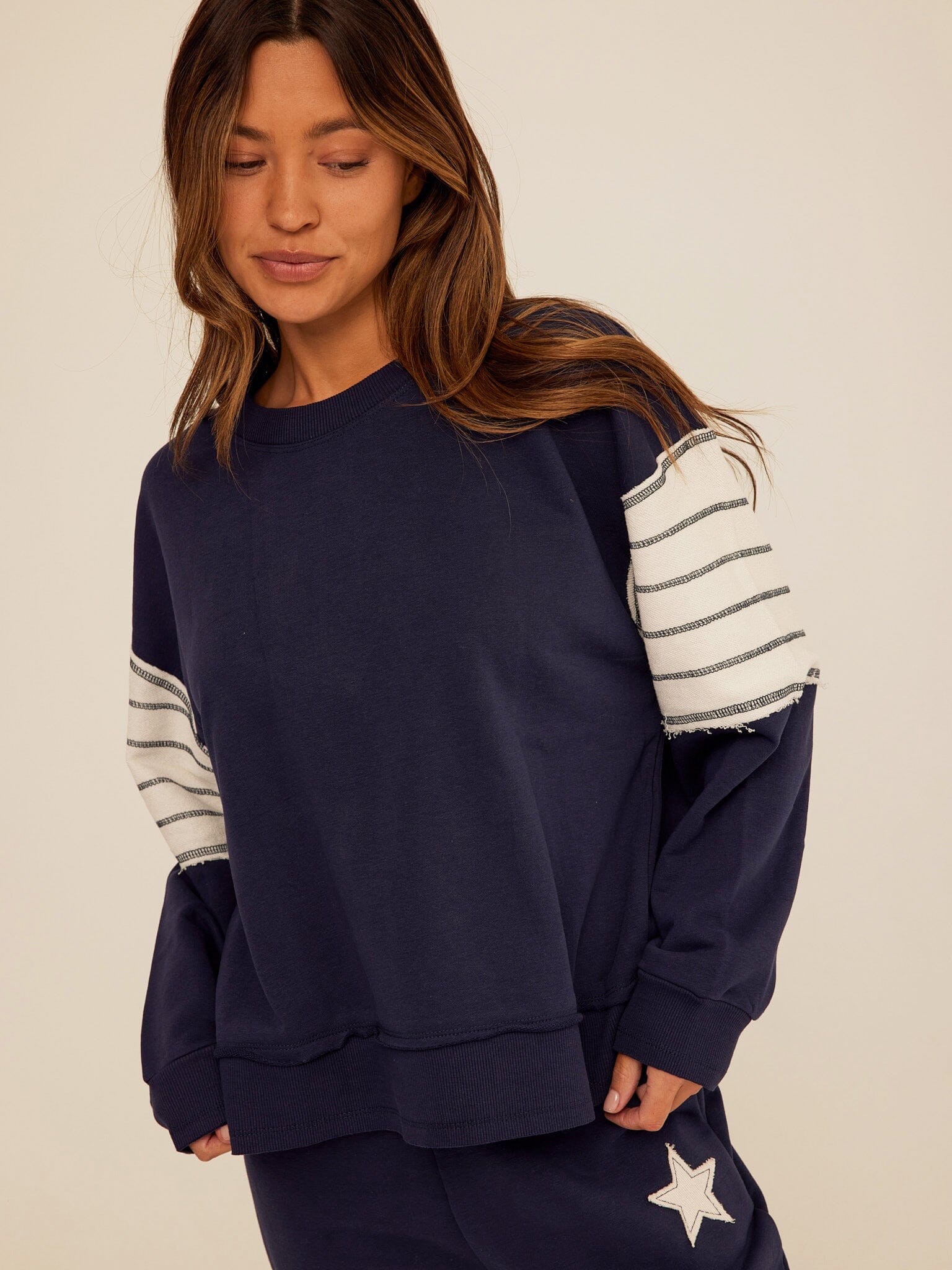 Kaelah Striped Cotton Blend Terry Sweatshirt in Navy Blue