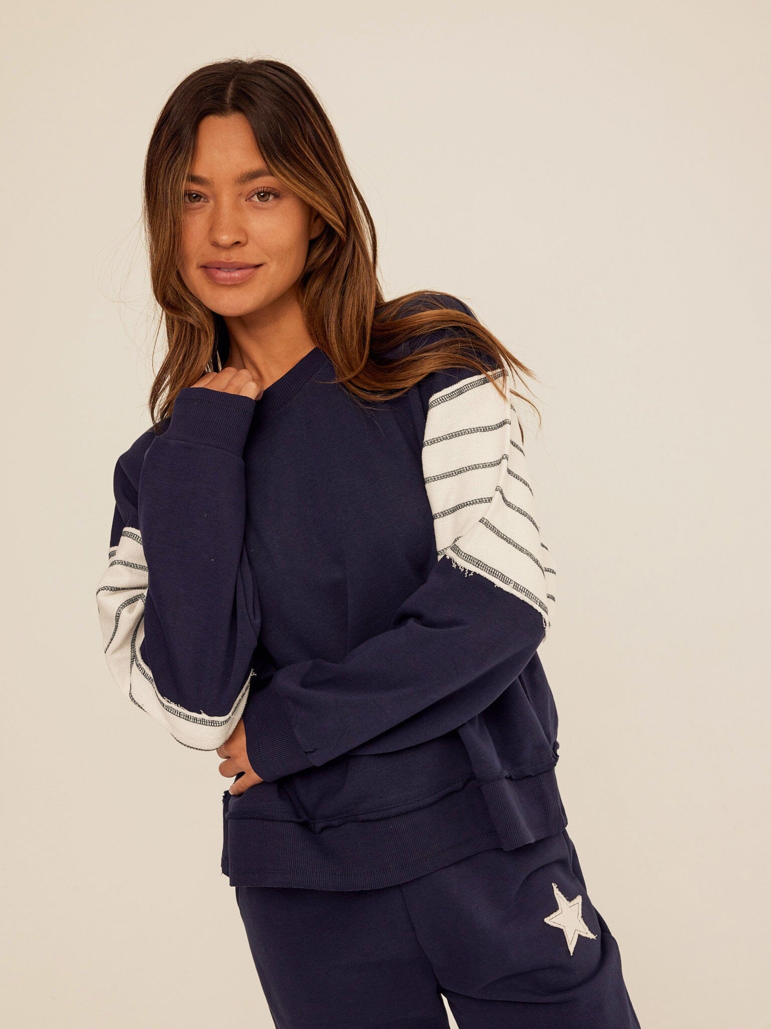 Kaelah Striped Cotton Blend Terry Sweatshirt in Navy Blue