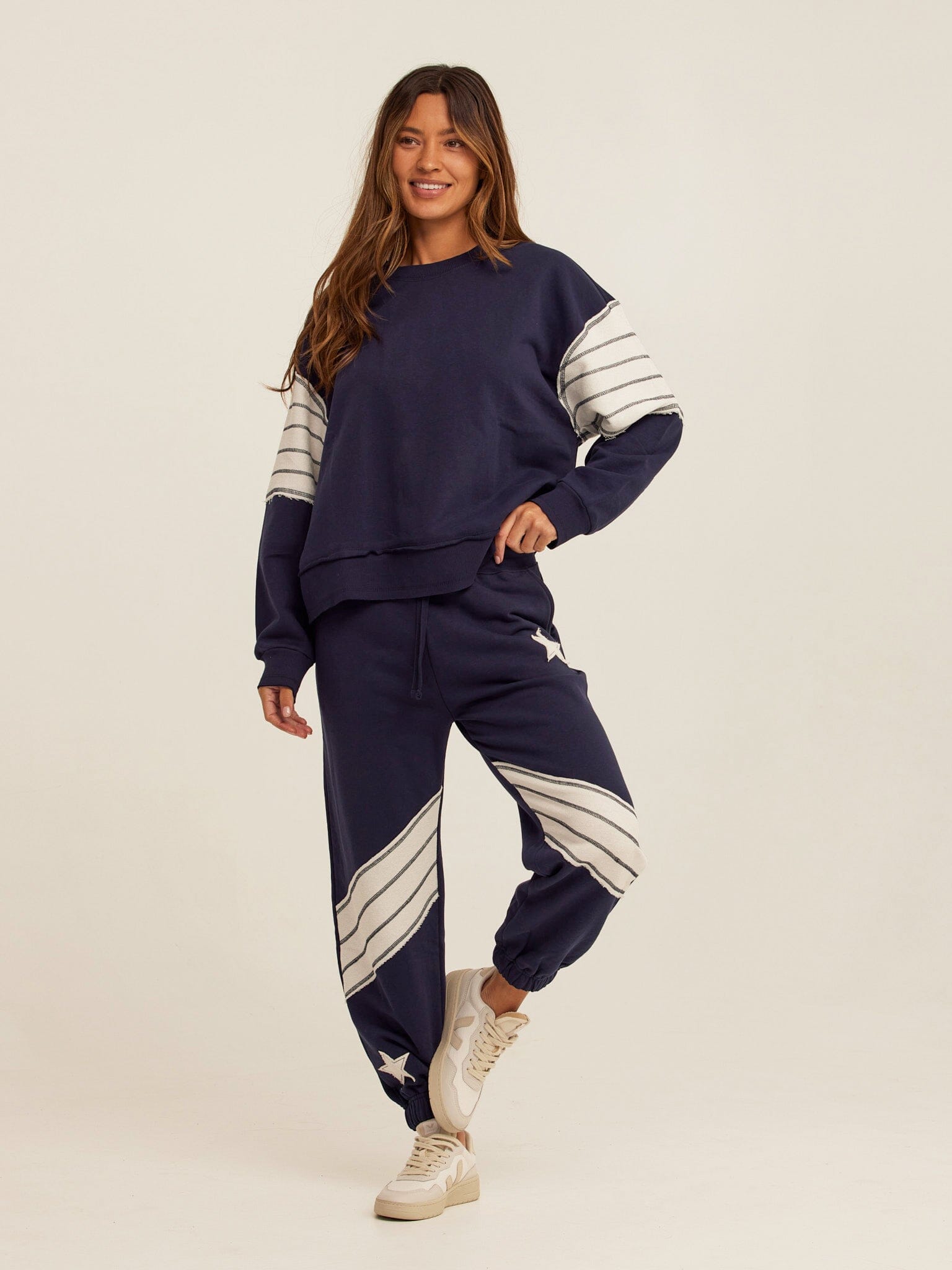 Kaelah Striped Cotton Blend Terry Sweatshirt in Navy Blue