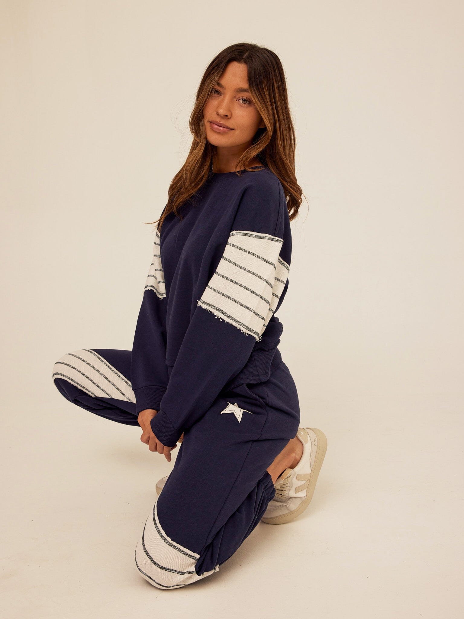 Kaelah Striped Cotton Blend Terry Sweatshirt in Navy Blue