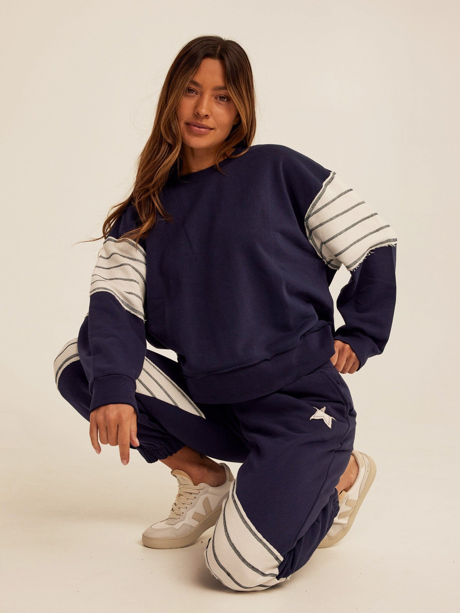 Women's Kaelah striped cotton blend terry sweatshirt in navy blue and white