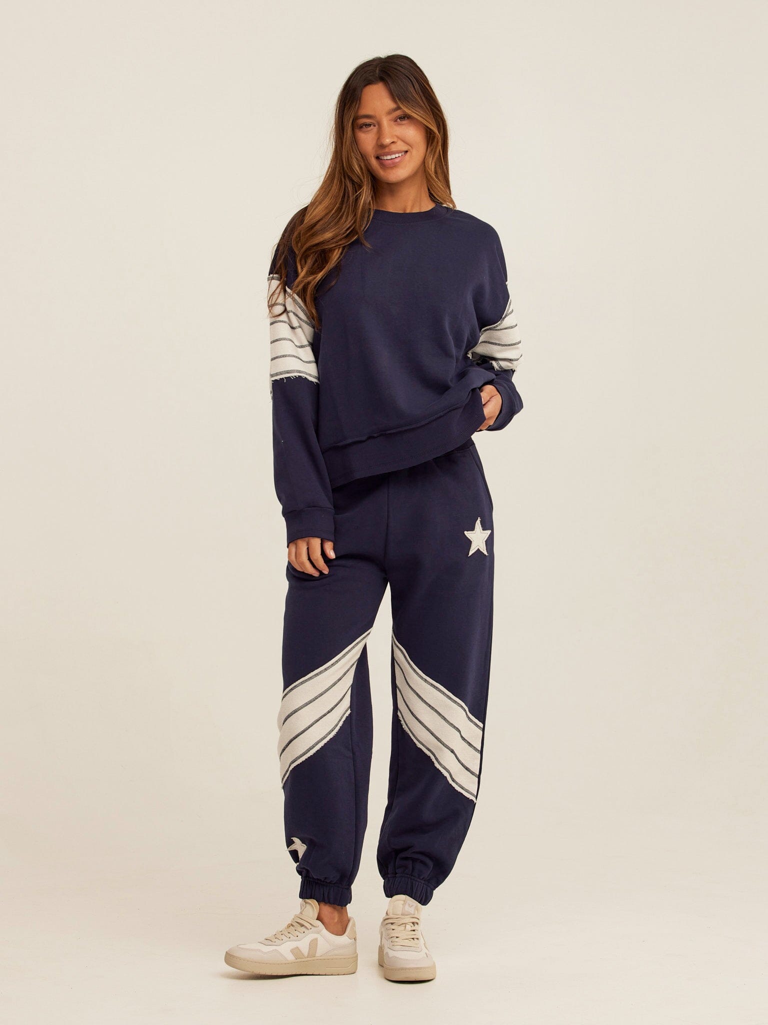 Kaelah Striped Cotton Blend Terry Sweatshirt in Navy Blue