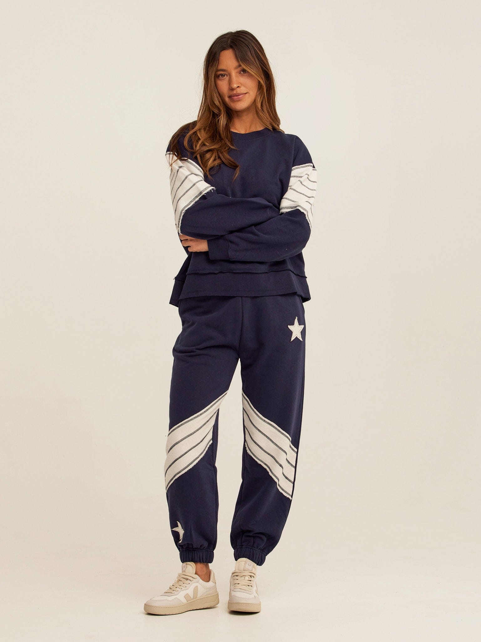 Kaelah Striped Cotton Blend Terry Sweatshirt in Navy Blue