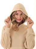 Tanya mineral wash cotton terry pullover hoodie in beige and tan with ribbed trims