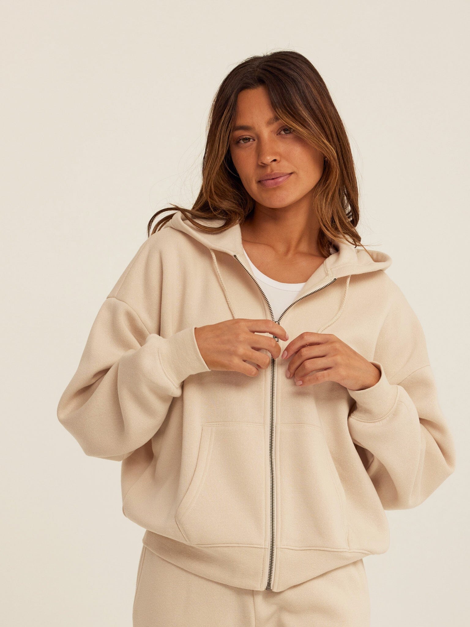 Core Triblend Fleece Zip Sweatshirt in cream and beige knit