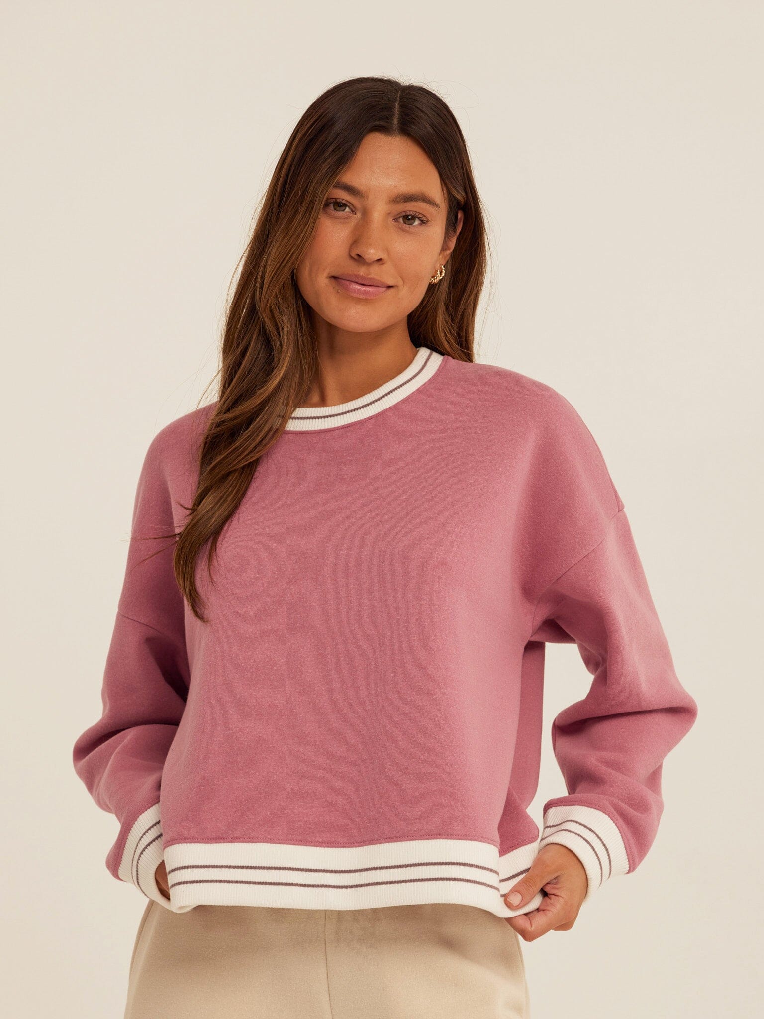 Women's dusty-rose collegiate pullover with contrast rib trim