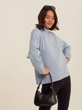 Light blue Karlie triblend fleece mock neck pullover in a soft knit fabric.