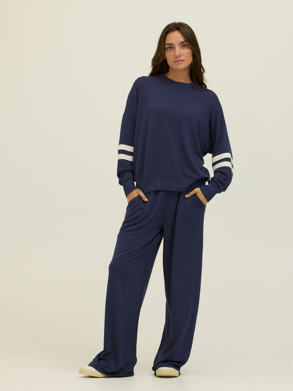 Darya Feather Fleece Colorblock Stripe Detail Pullover