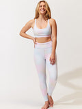 Alex High-Waisted Nebula Tie Dye Legging in pastel pink, blue, and lavender athletic jersey fabric.