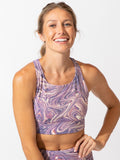 Purple and cream abstract print strappy sports bra, unpadded activewear