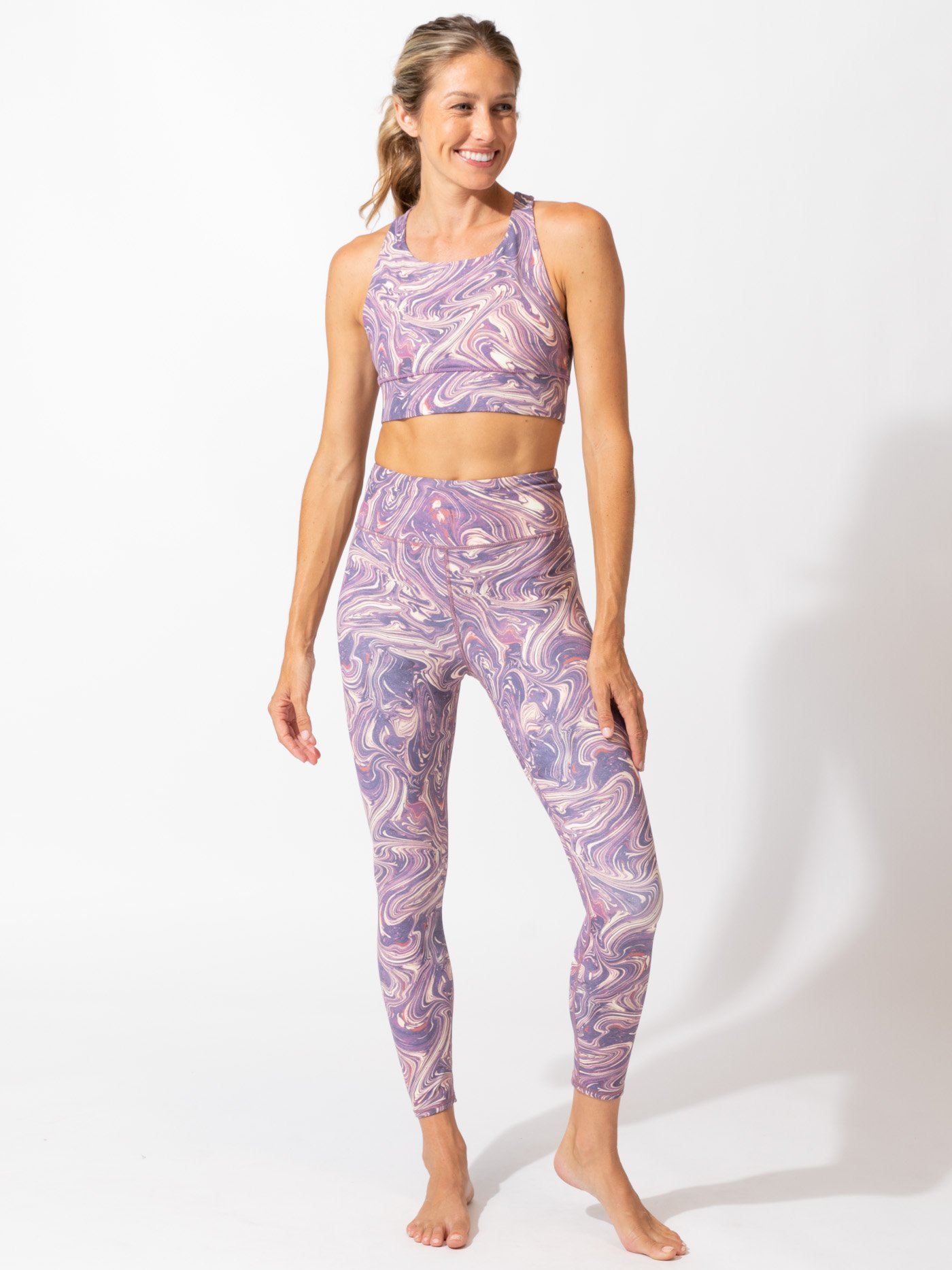 Abstract Print Strappy Sports Bra - Purple and Cream Activewear