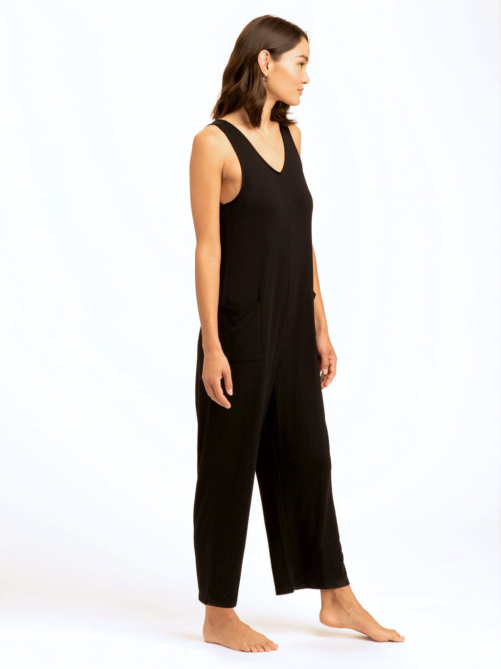 Rainey Patch Pocket Jumpsuit: Relaxed Sleeveless Black Wide-Leg