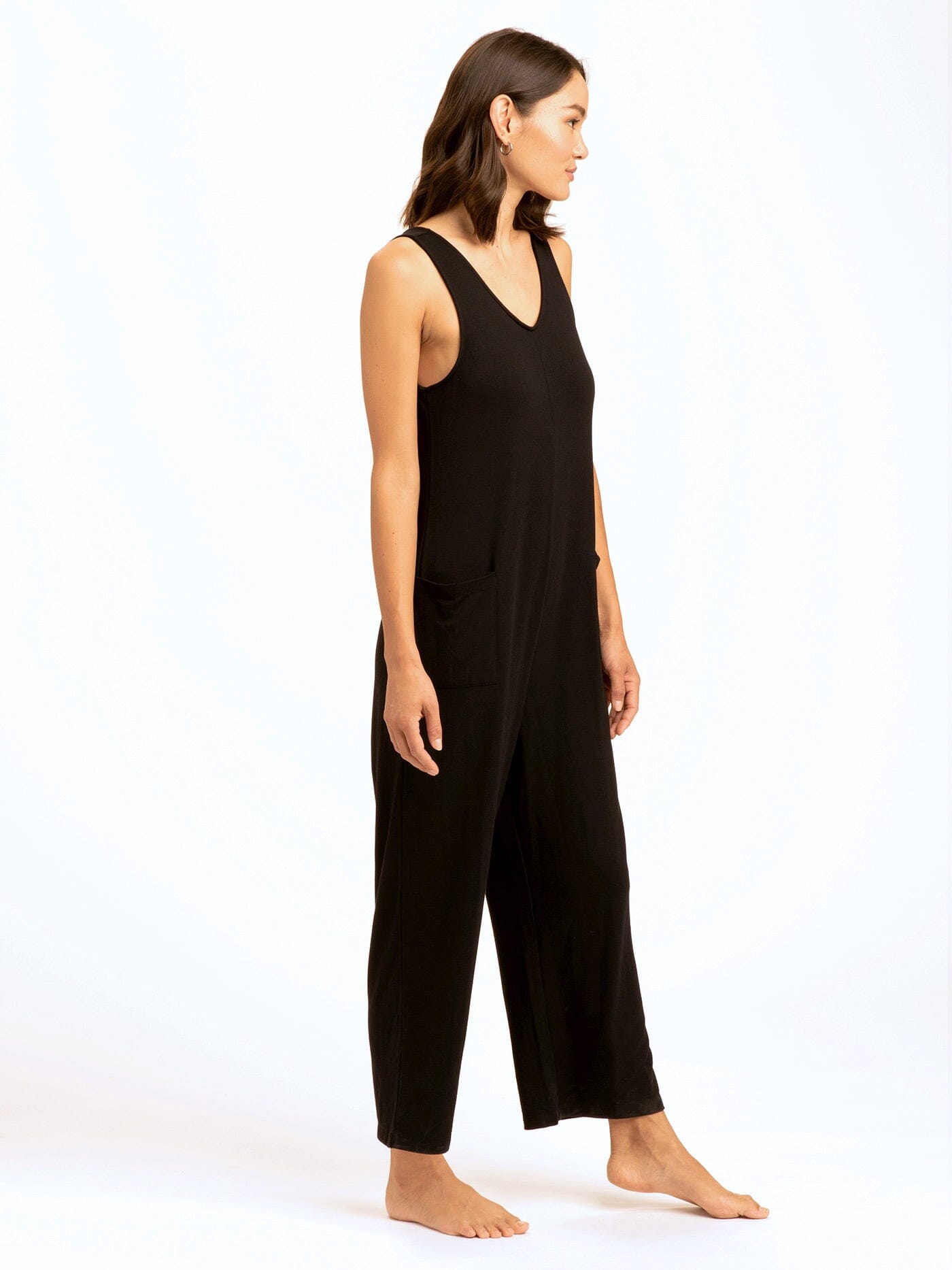 Rainey Patch Pocket Jumpsuit: Relaxed Sleeveless Black Wide-Leg