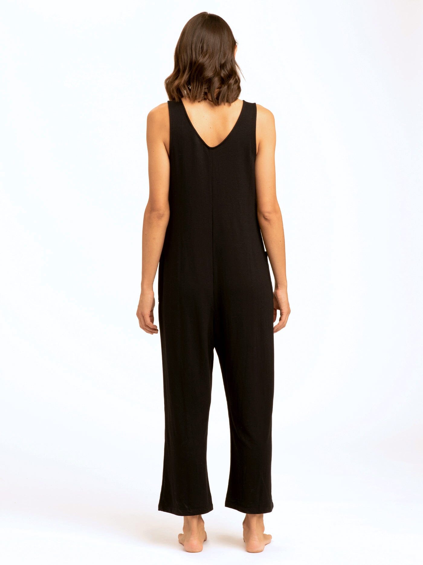 Rainey Patch Pocket Jumpsuit: Relaxed Sleeveless Black Wide-Leg