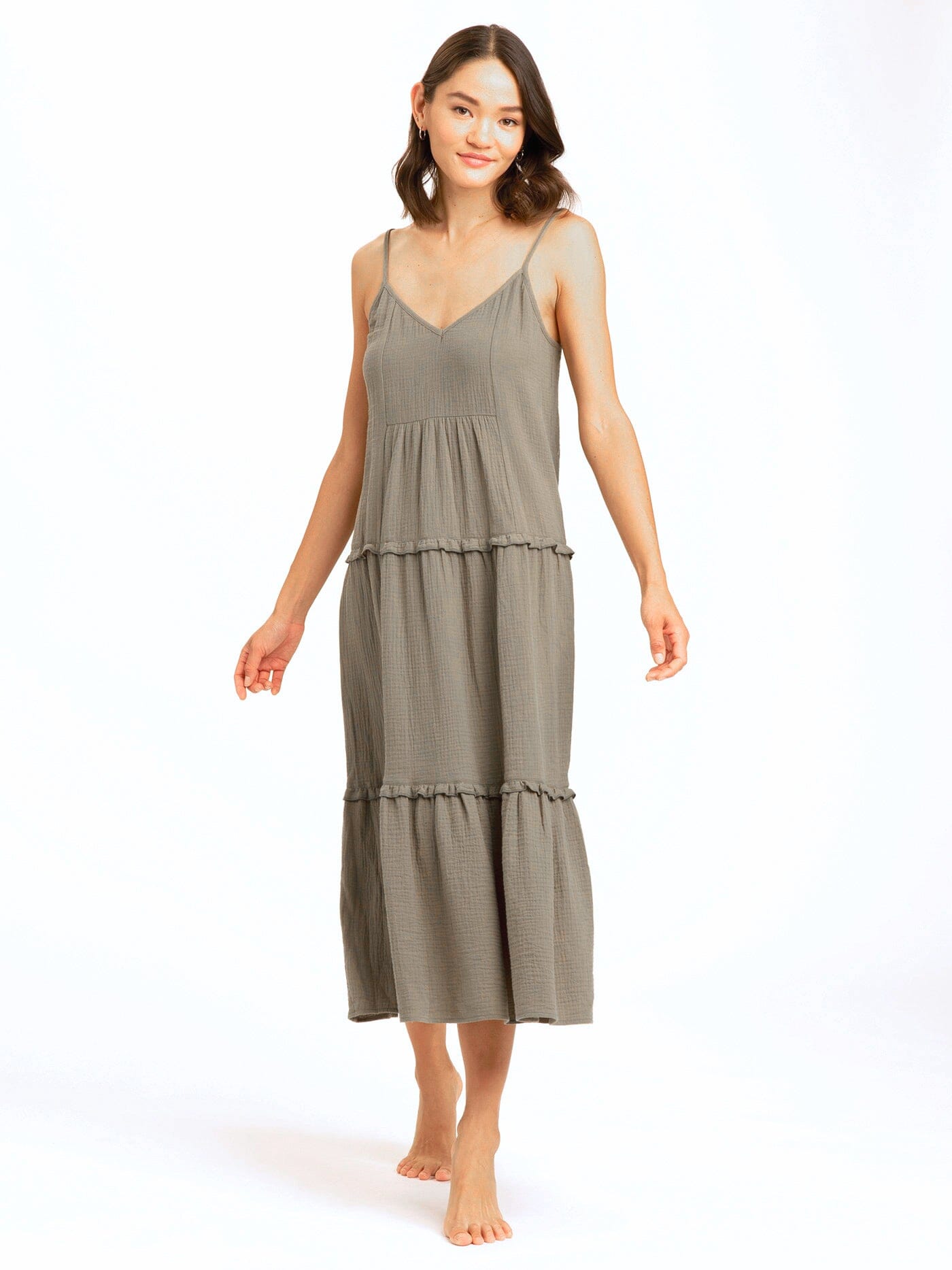 Gina Gauze Ruffle Tiered Dress made of 100% organic cotton with a flowy, tiered design.