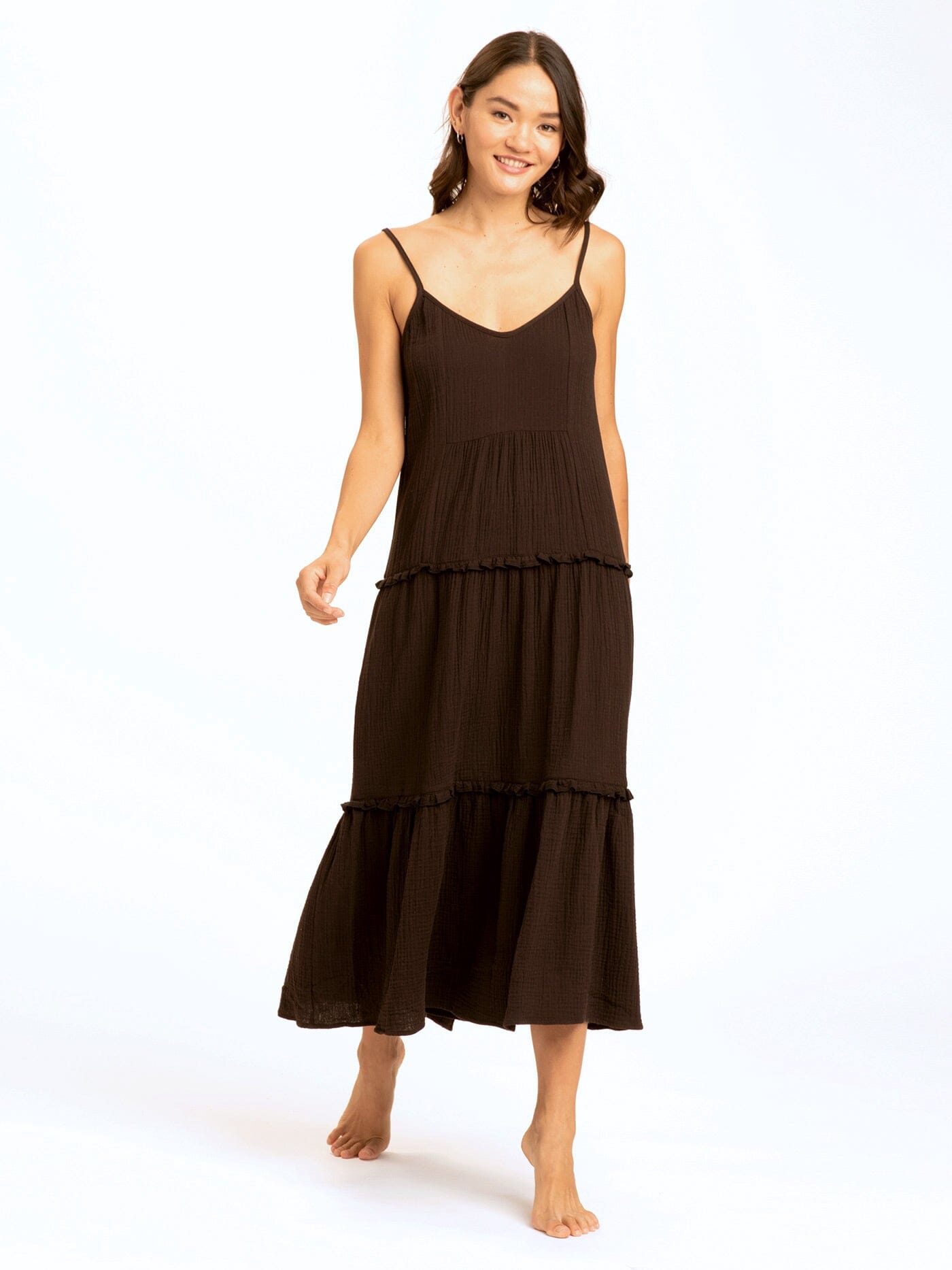 Gina Gauze Ruffle Tiered Dress in Espresso - side view