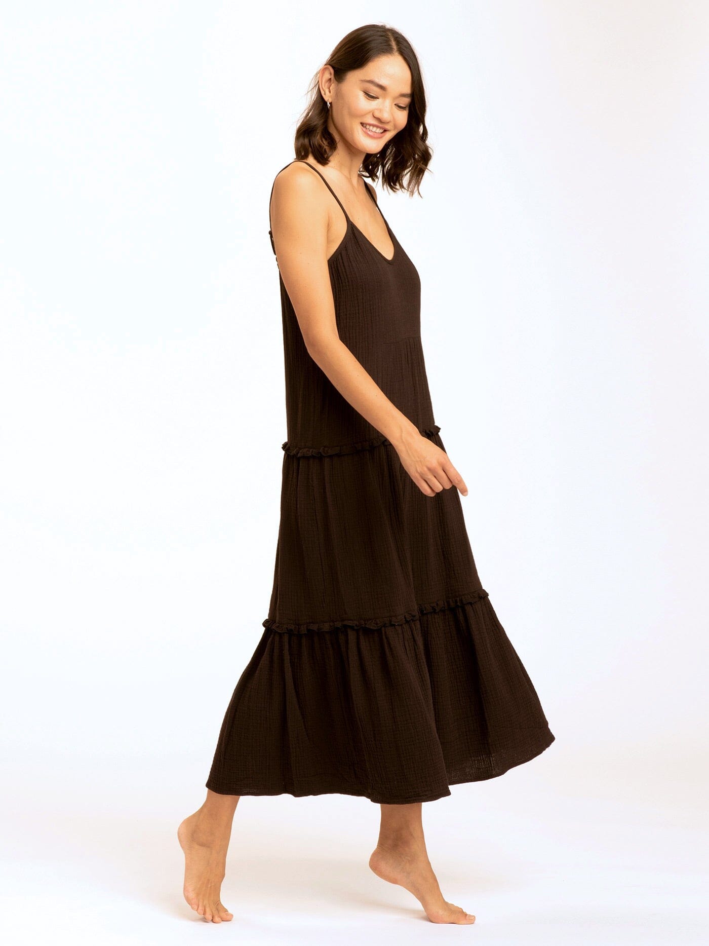 Espresso brown tiered ruffle dress in organic cotton gauze fabric