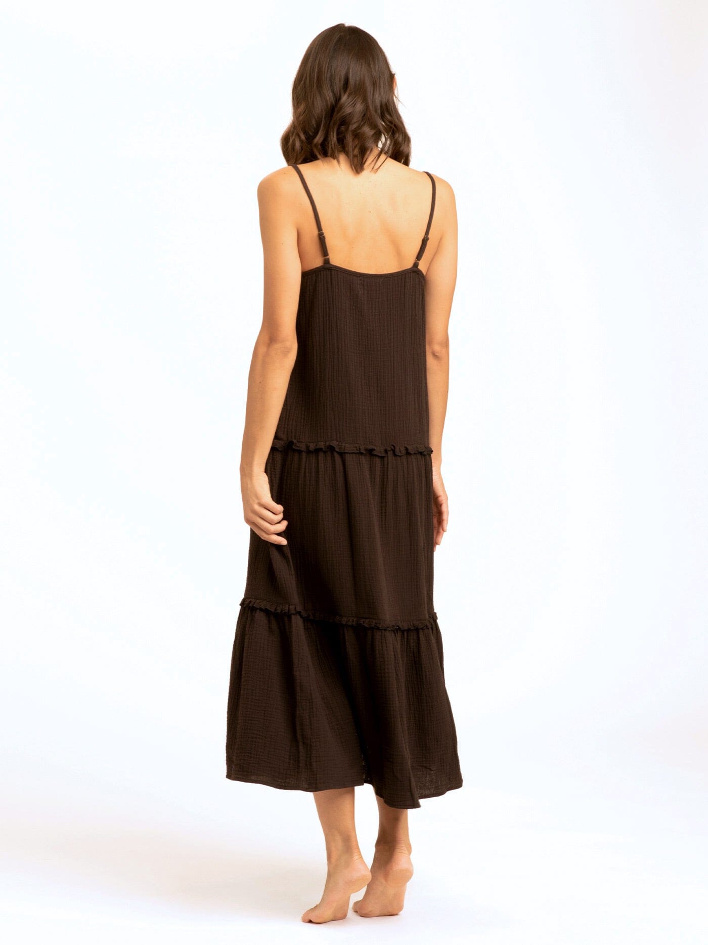 Gina Gauze Ruffle Tiered Dress in Espresso - back view