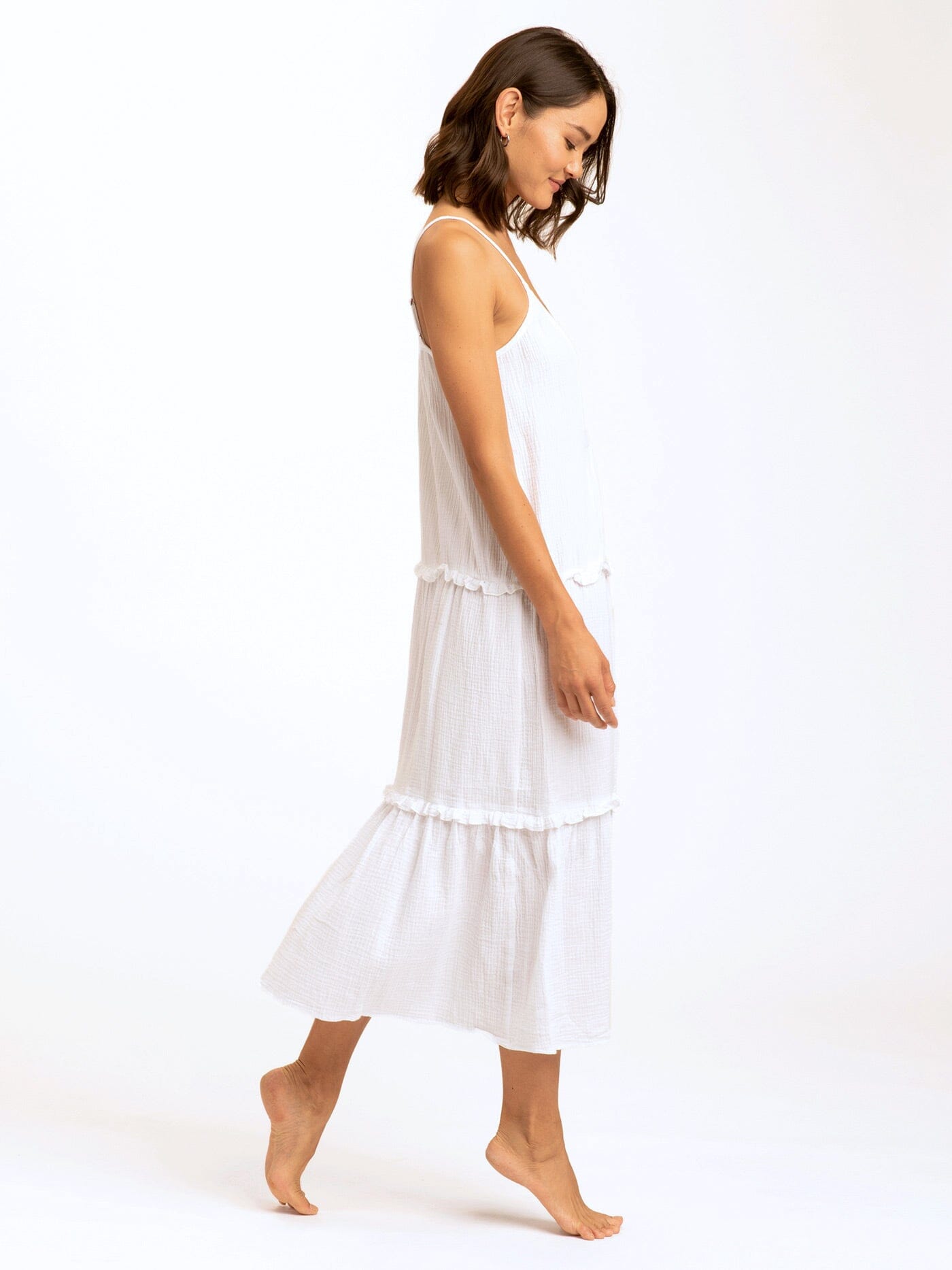 Gina Gauze Ruffle Tiered Midi Dress in White