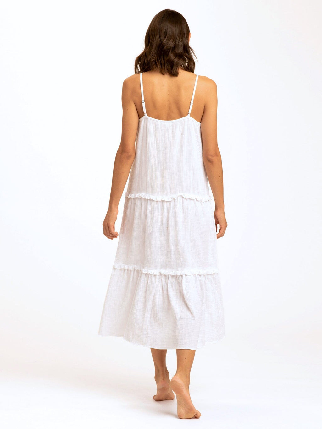 Gina Gauze Ruffle Tiered Midi Dress in White