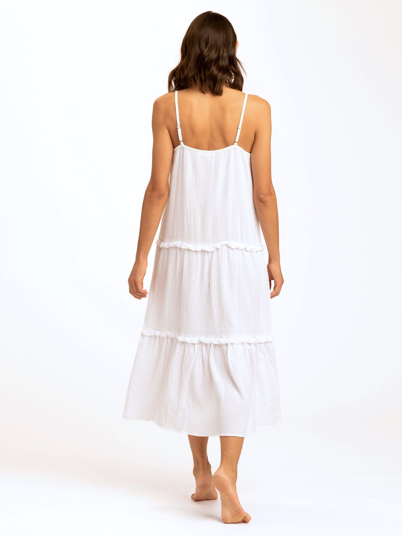 Gina Gauze Ruffle Tiered Midi Dress in White