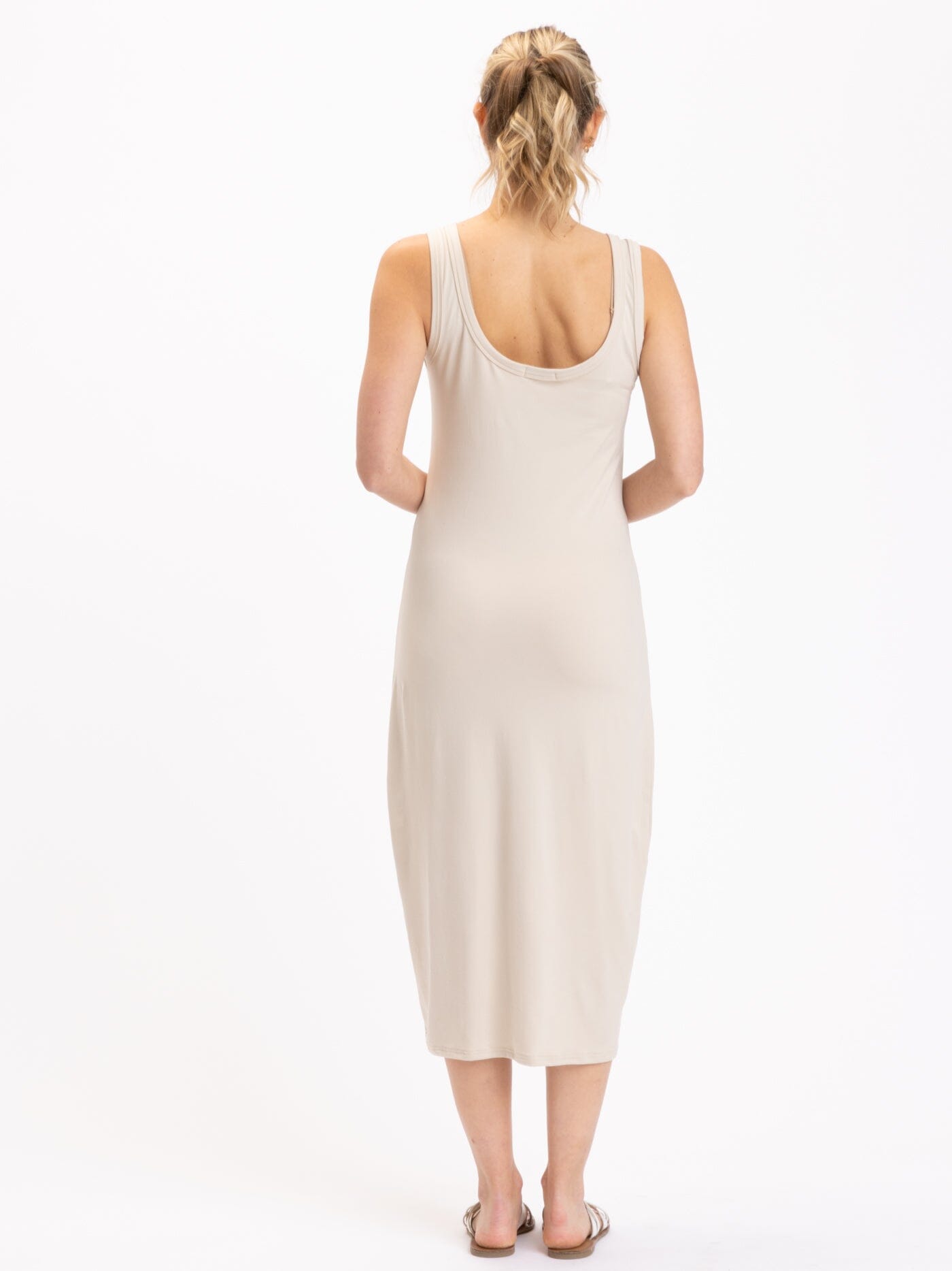 Beige Luxe Jersey Midi Tank Dress - Minimalist Scoop Neck Slip