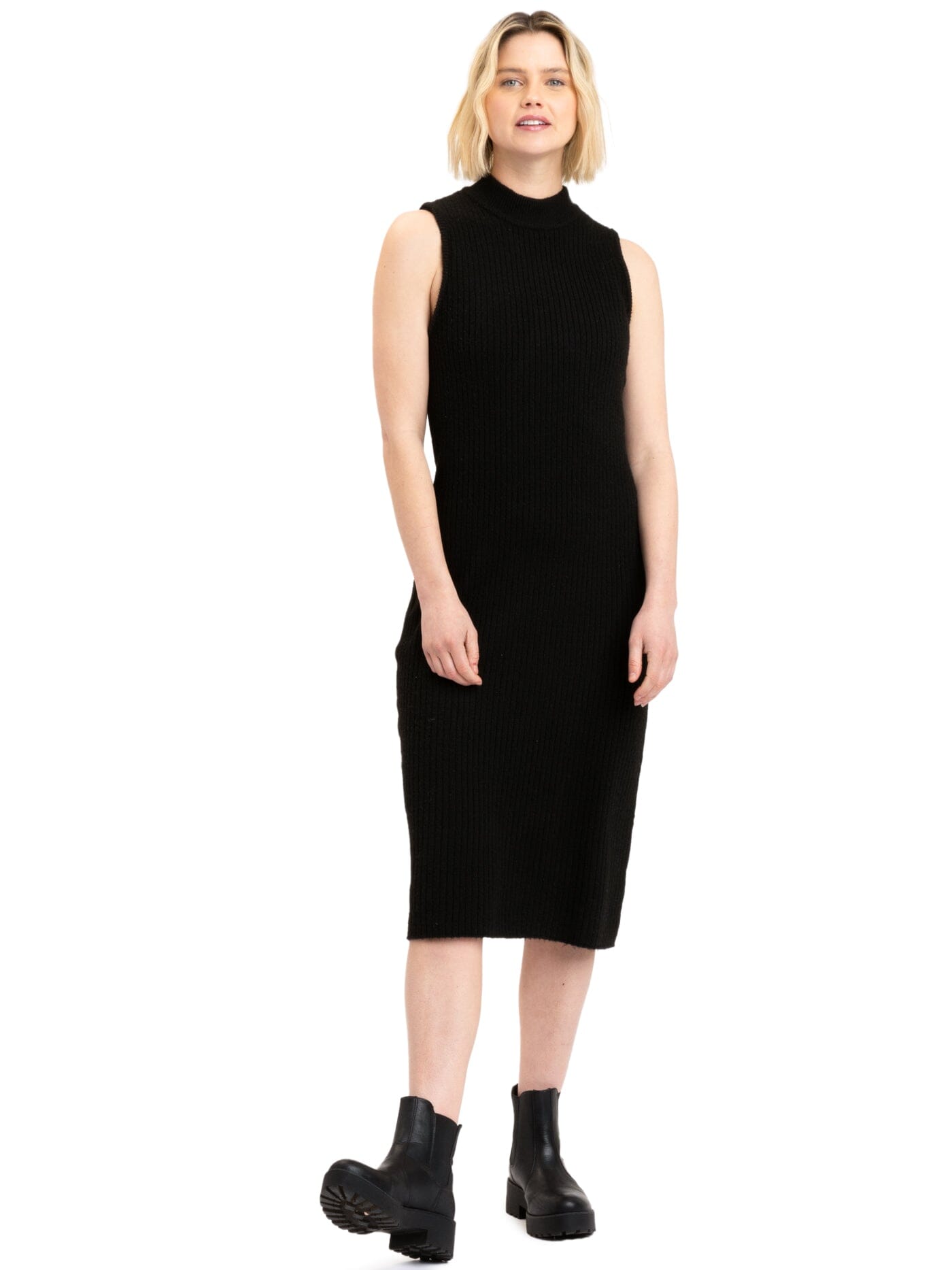 Donika Rib Knit Sleeveless Turtleneck Midi Dress in Black